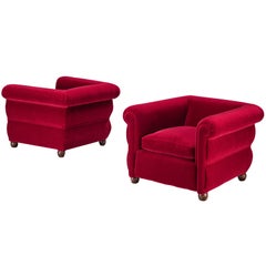 1930s Italian Art Deco Pair of Lounge Chairs in Pierre Frey Mohair