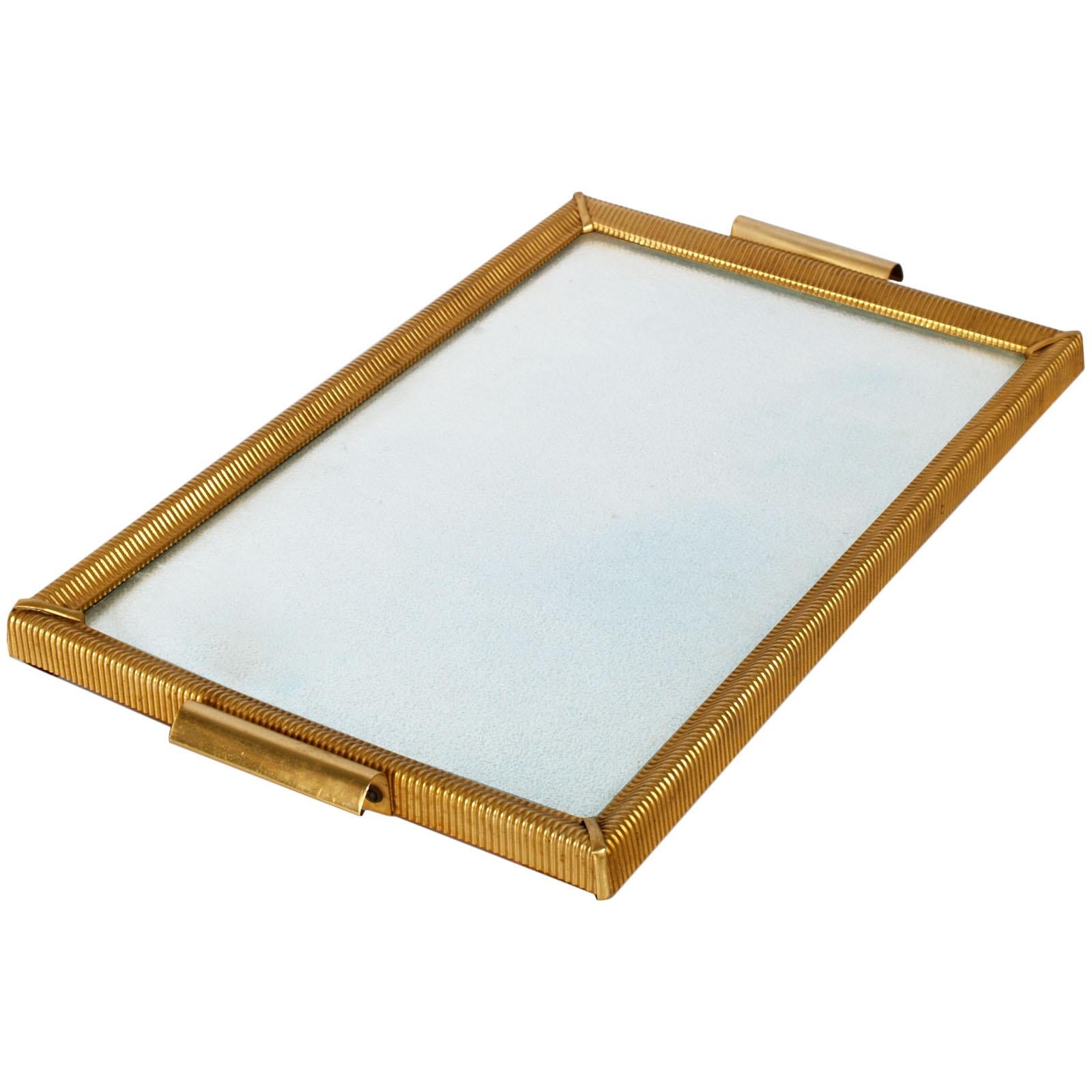 1930s Italian Art Deco Serving Tray, Gilt Metal, Top Cristall and Embossed Paper