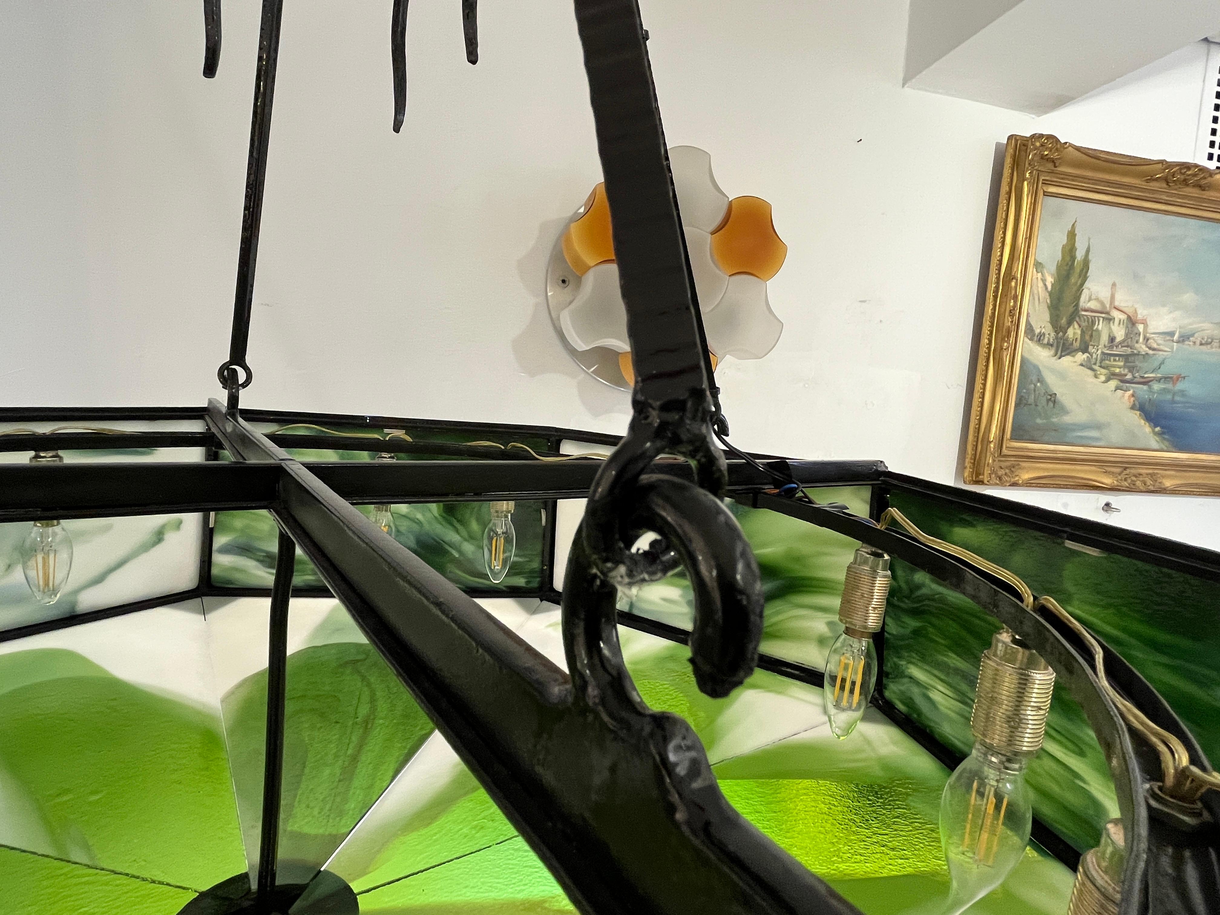 1930s Italian Art Deco White Green Murano Glass Black Iron Chandelier Lantern For Sale 7