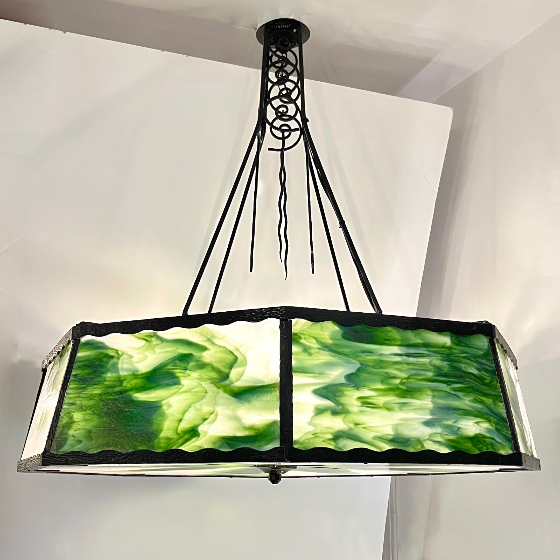 1930s Italian Art Deco White Green Murano Glass Black Iron Chandelier Lantern For Sale 10