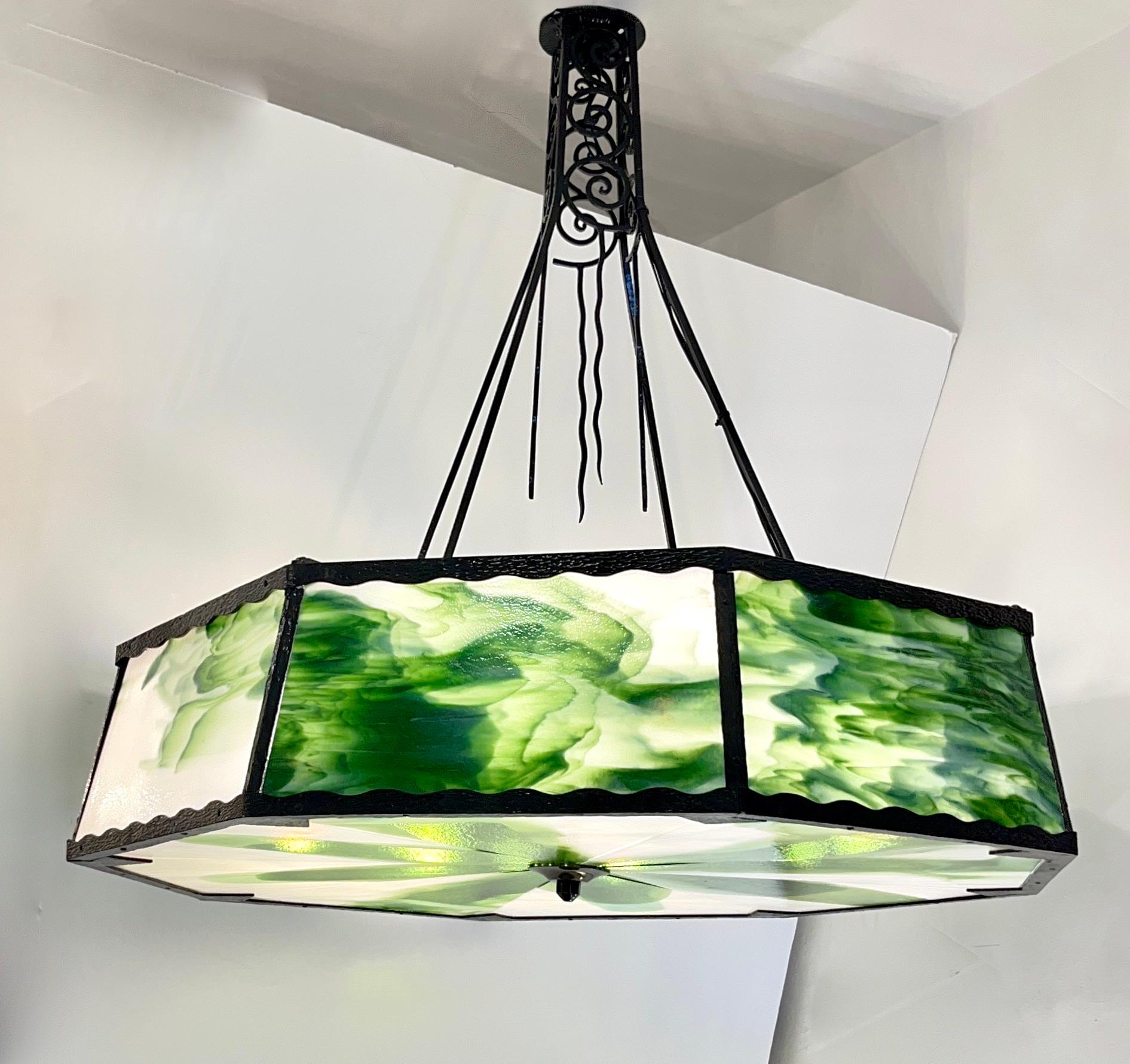 1930s Italian Art Deco White Green Murano Glass Black Iron Chandelier Lantern For Sale 11