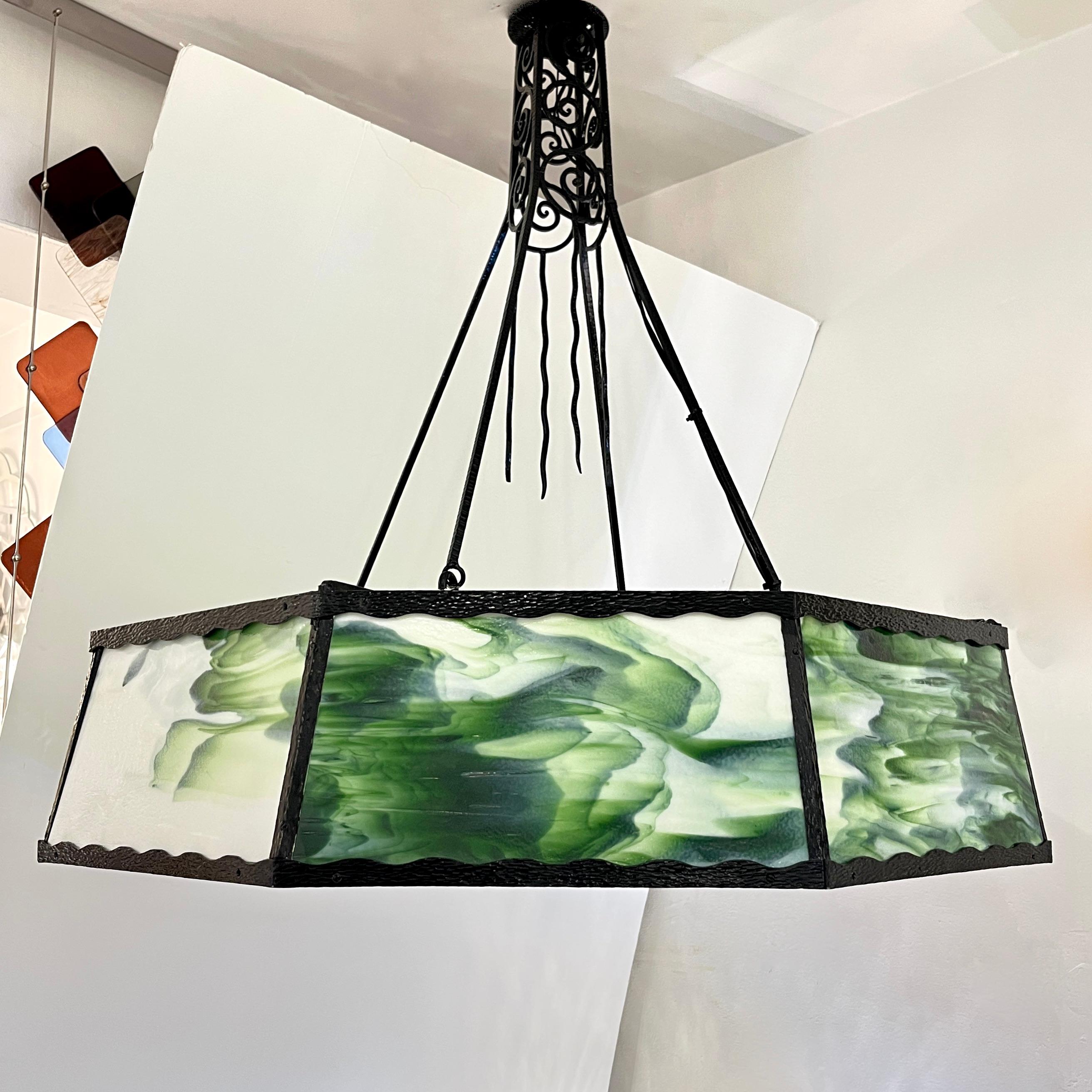 Hand-Crafted 1930s Italian Art Deco White Green Murano Glass Black Iron Chandelier Lantern For Sale