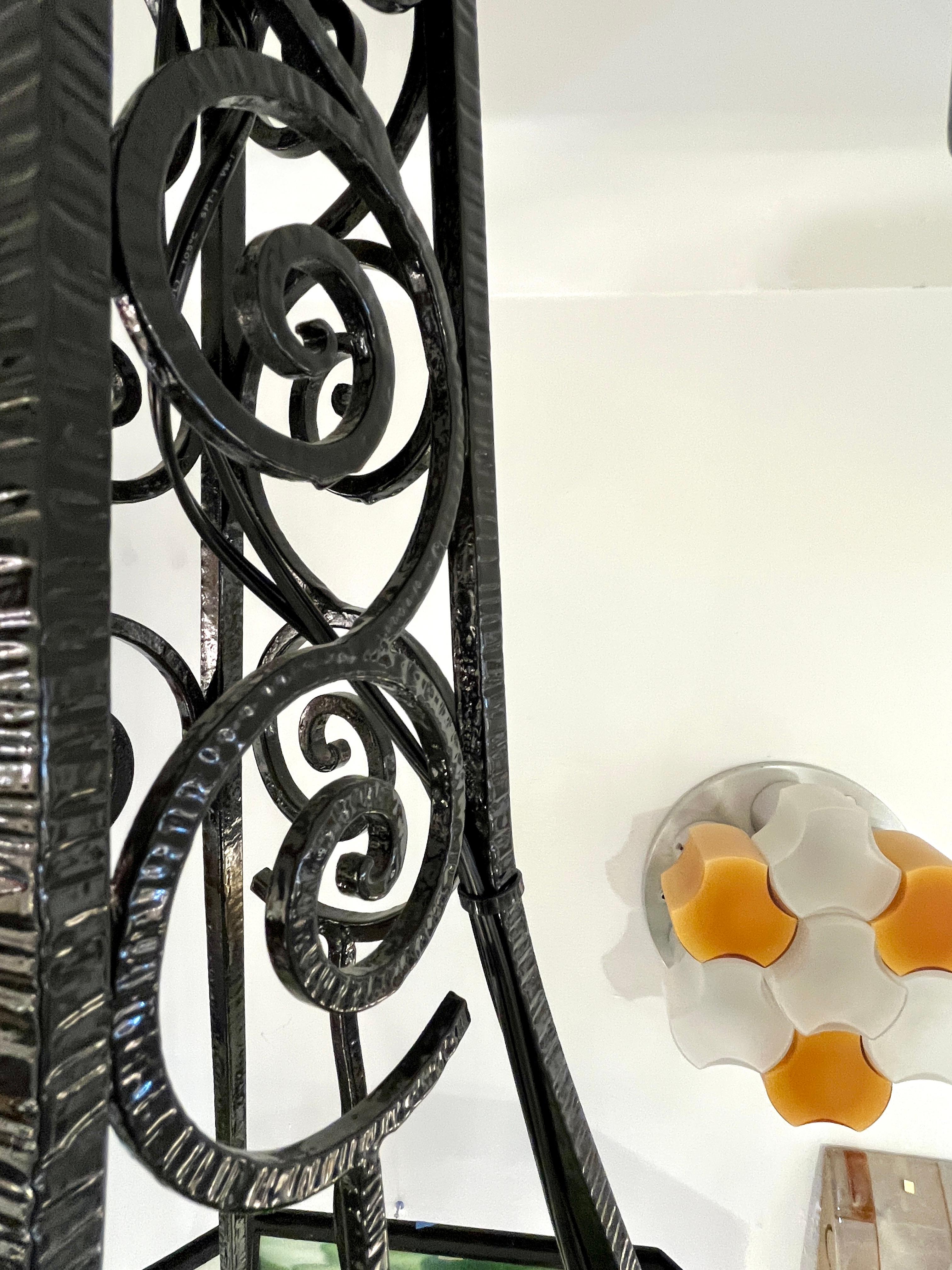 1930s Italian Art Deco White Green Murano Glass Black Iron Chandelier Lantern In Good Condition For Sale In New York, NY
