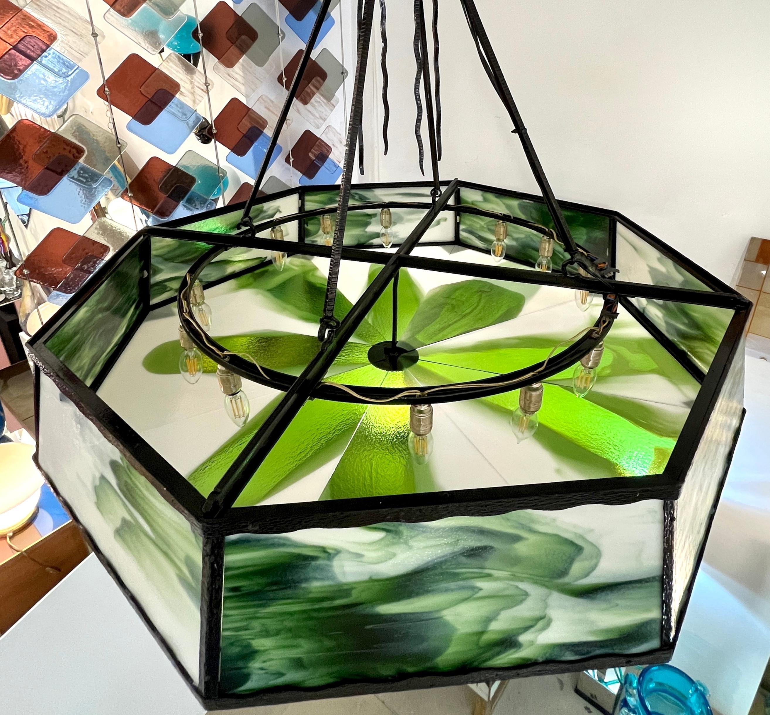 Mid-20th Century 1930s Italian Art Deco White Green Murano Glass Black Iron Chandelier Lantern For Sale
