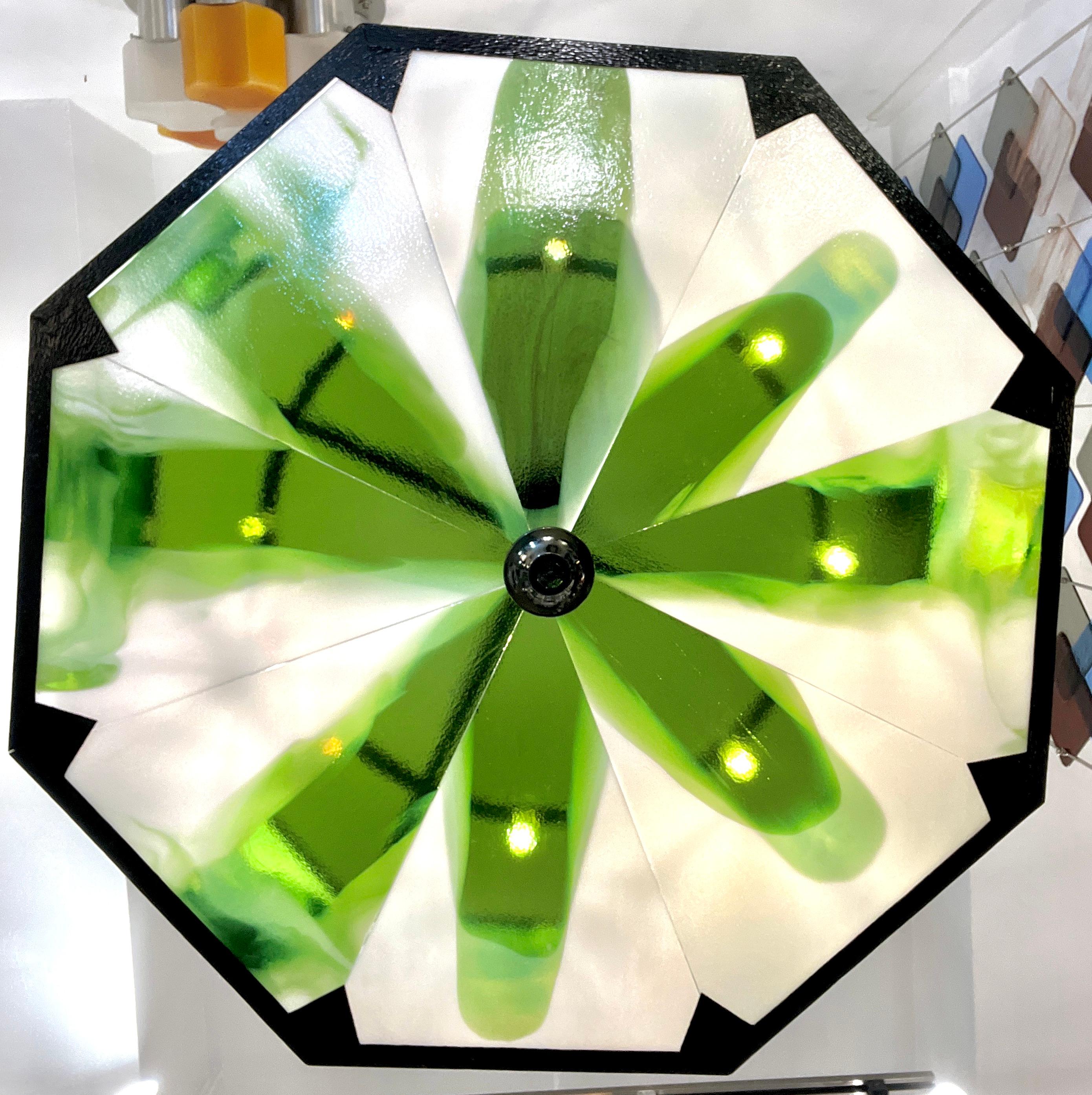1930s Italian Art Deco White Green Murano Glass Black Iron Chandelier Lantern For Sale 2