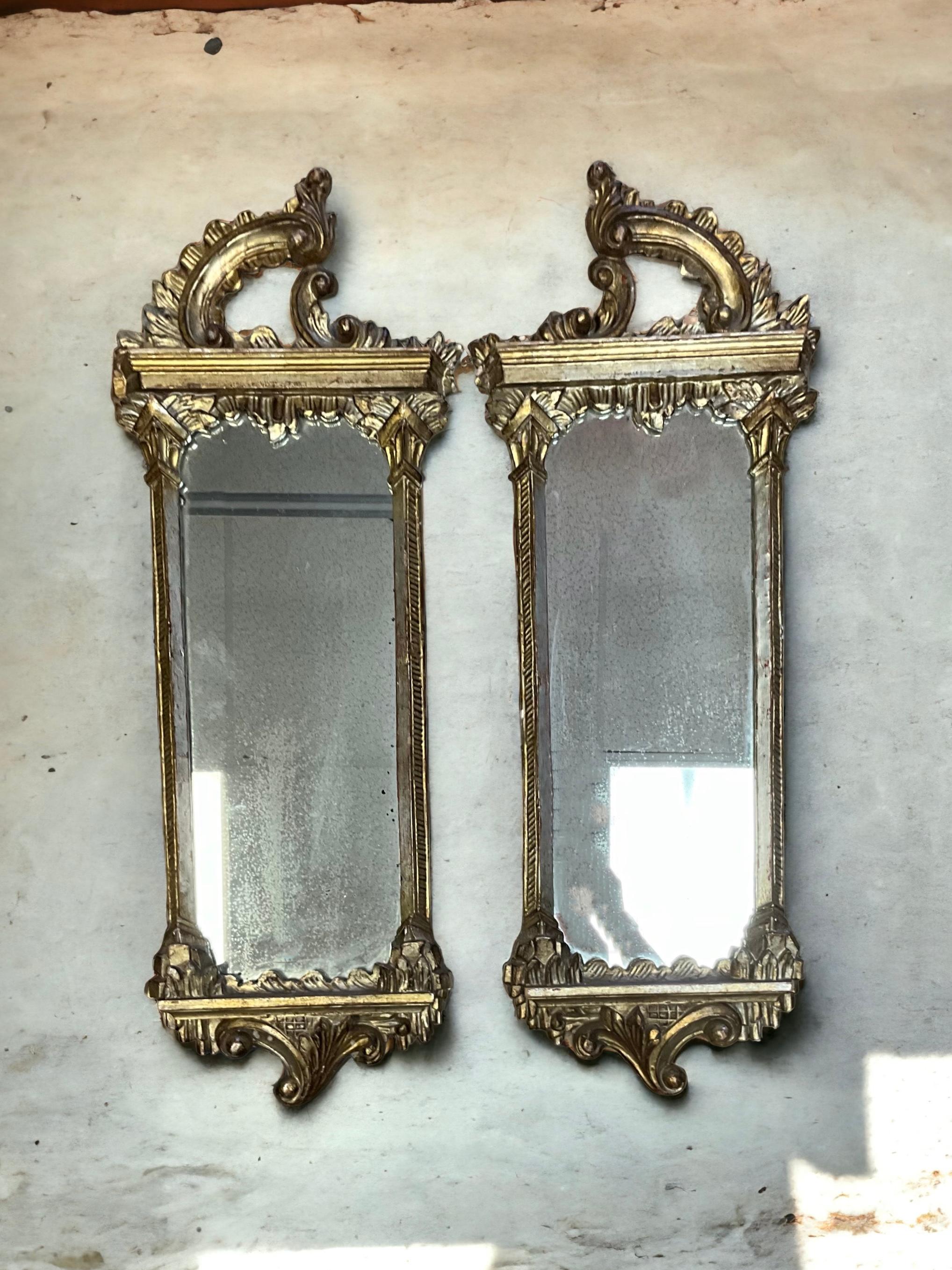 1930s Italian Chinese Chippendale Style Carved Silver Giltwood Mirrors - Pair  For Sale 1