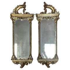 1930s Italian Chinese Chippendale Style Carved Silver Giltwood Mirrors - Pair