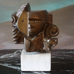1930s Italian Cubist Bronze Female Figure Sculpture, White Marble Base