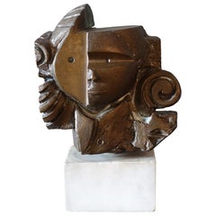 1930s Italian Cubist Bronze Female Figure Sculpture, White Marble Base