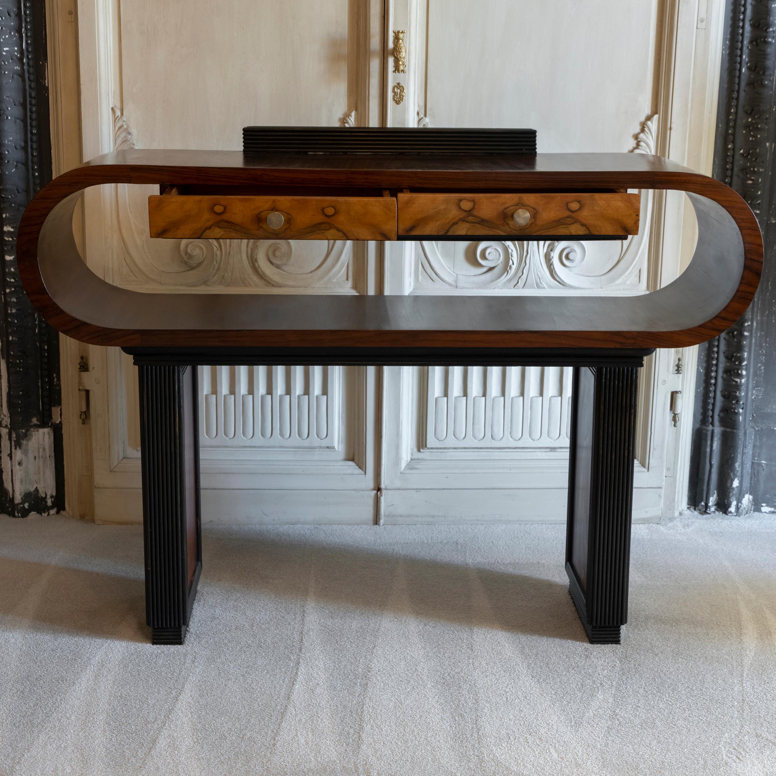 1930s Italian Deco Console Table with Drawers Palisander, Mahogany and Walnut For Sale 5