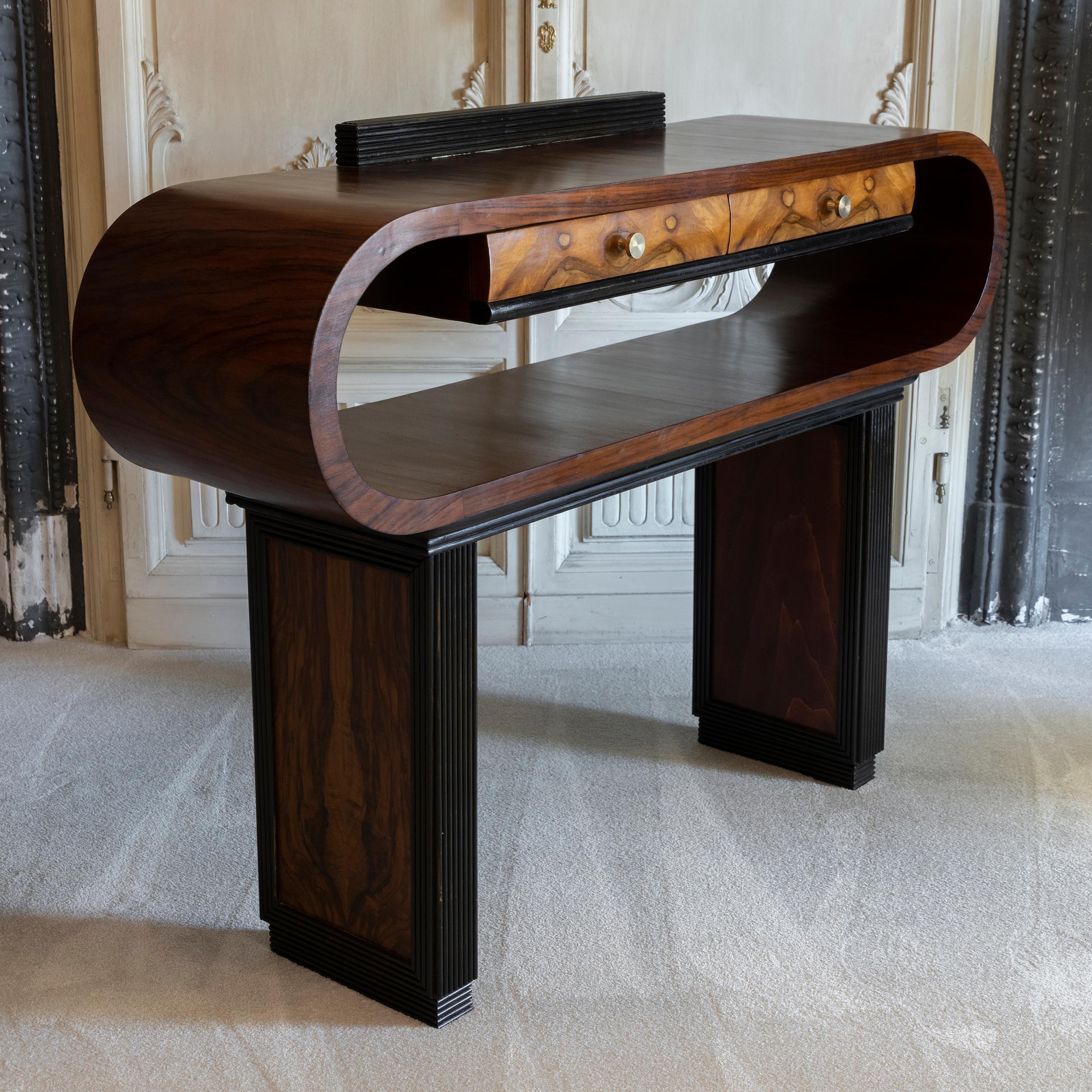 Art Deco 1930s Italian Deco Console Table with Drawers Palisander, Mahogany and Walnut For Sale