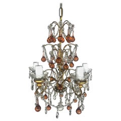 1930s Italian Design Amber Crystal Beaded Chandelier, Five Light