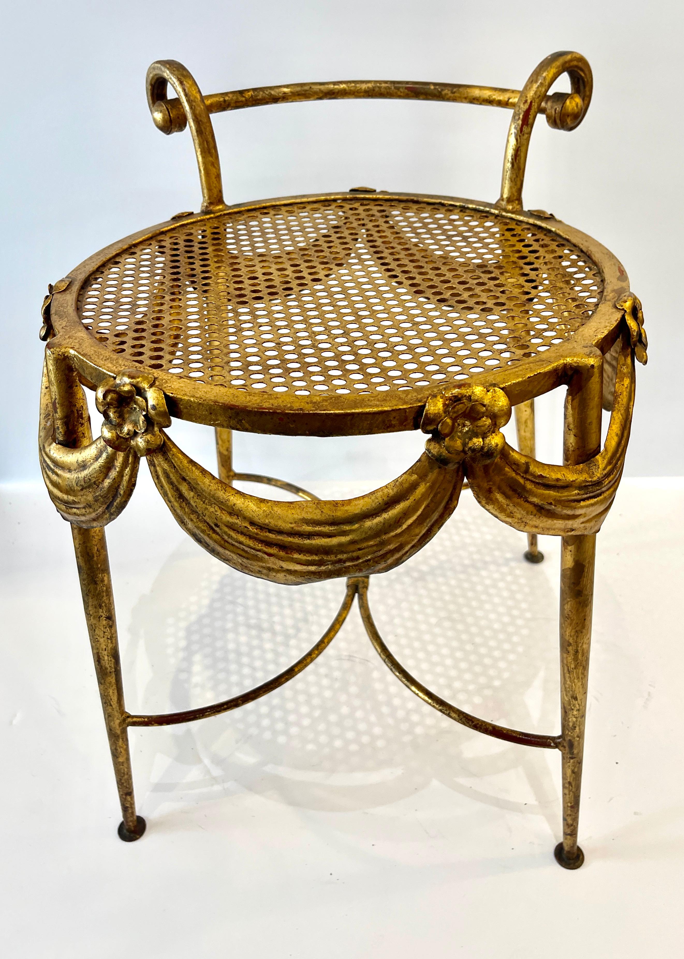 Hollywood Regency 1930s Italian Gilt Metal Floral & Swag Vanity Chair For Sale