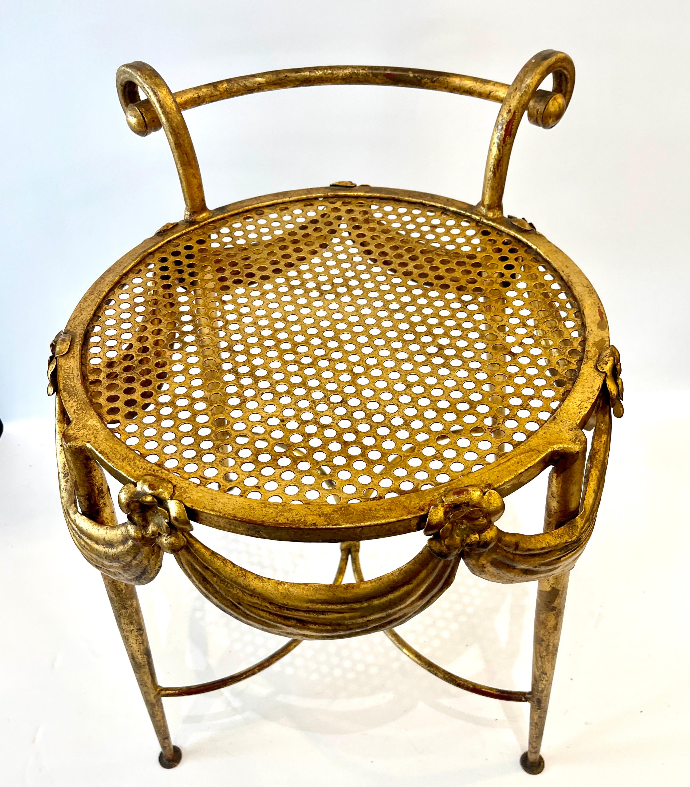 Hand-Crafted 1930s Italian Gilt Metal Floral & Swag Vanity Chair For Sale