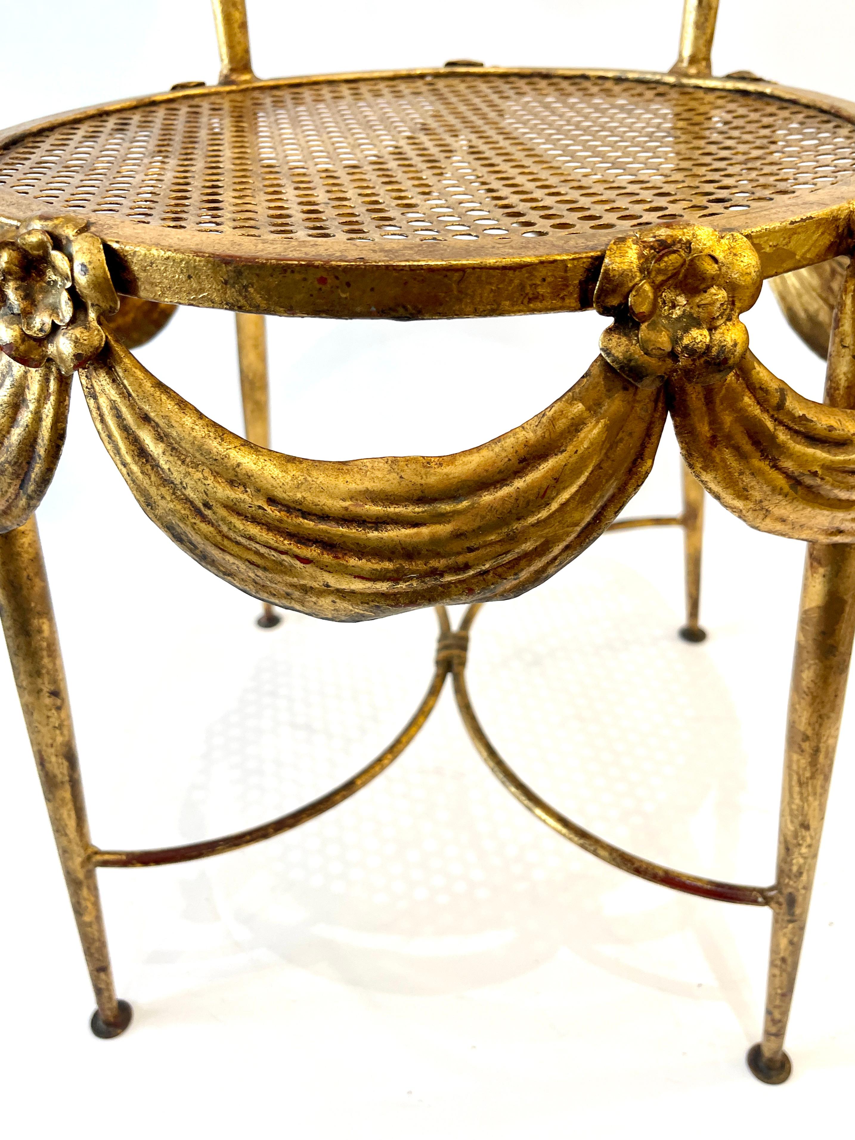Mid-20th Century 1930s Italian Gilt Metal Floral & Swag Vanity Chair For Sale