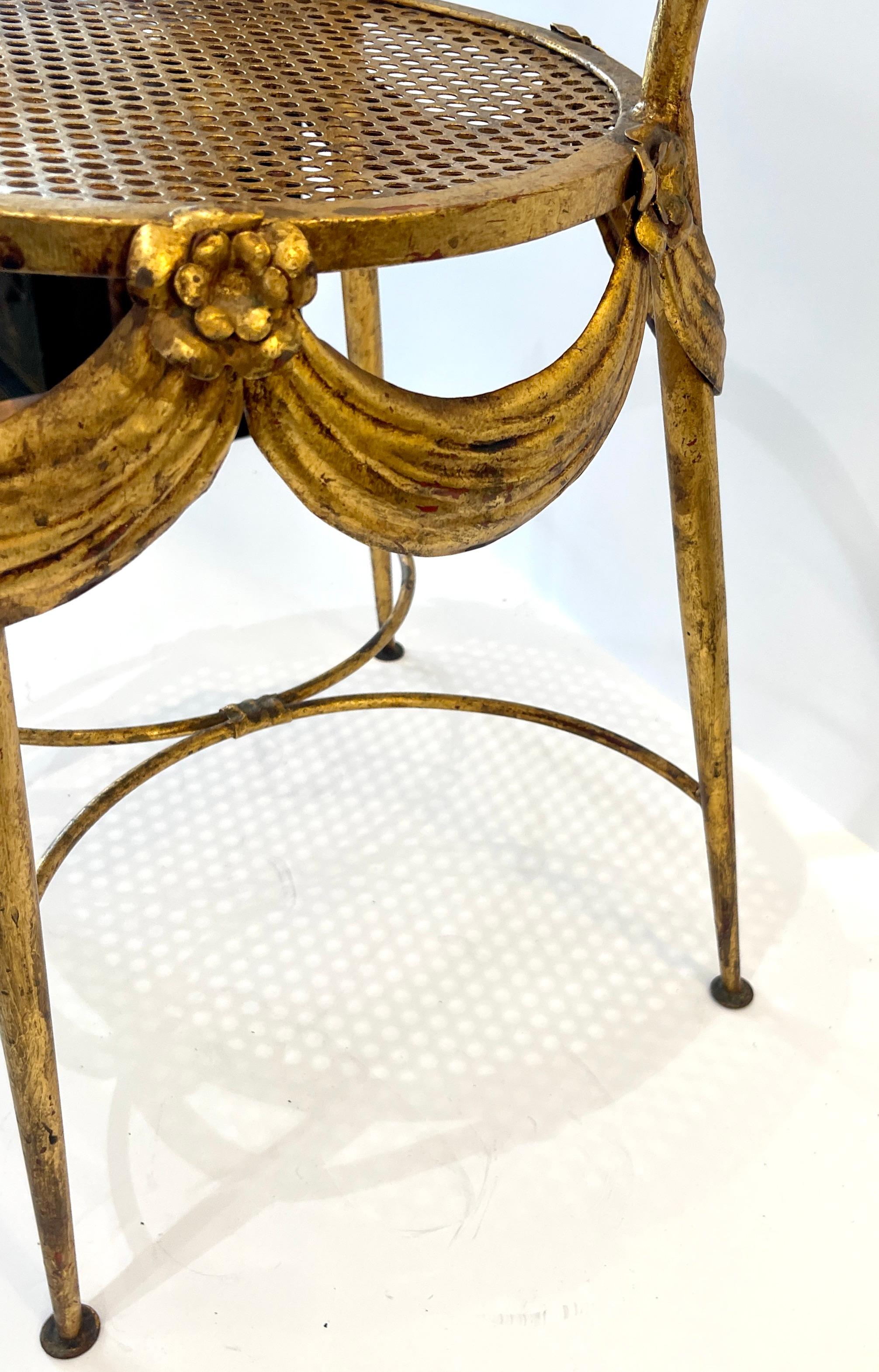 1930s Italian Gilt Metal Floral & Swag Vanity Chair For Sale 1