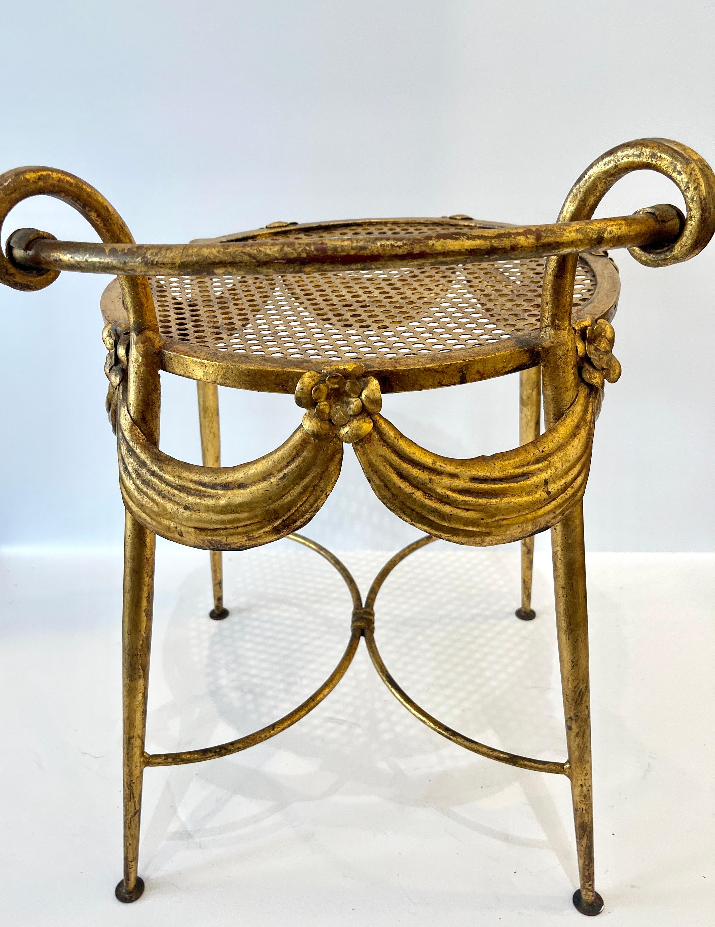 1930s Italian Gilt Metal Floral & Swag Vanity Chair For Sale 2
