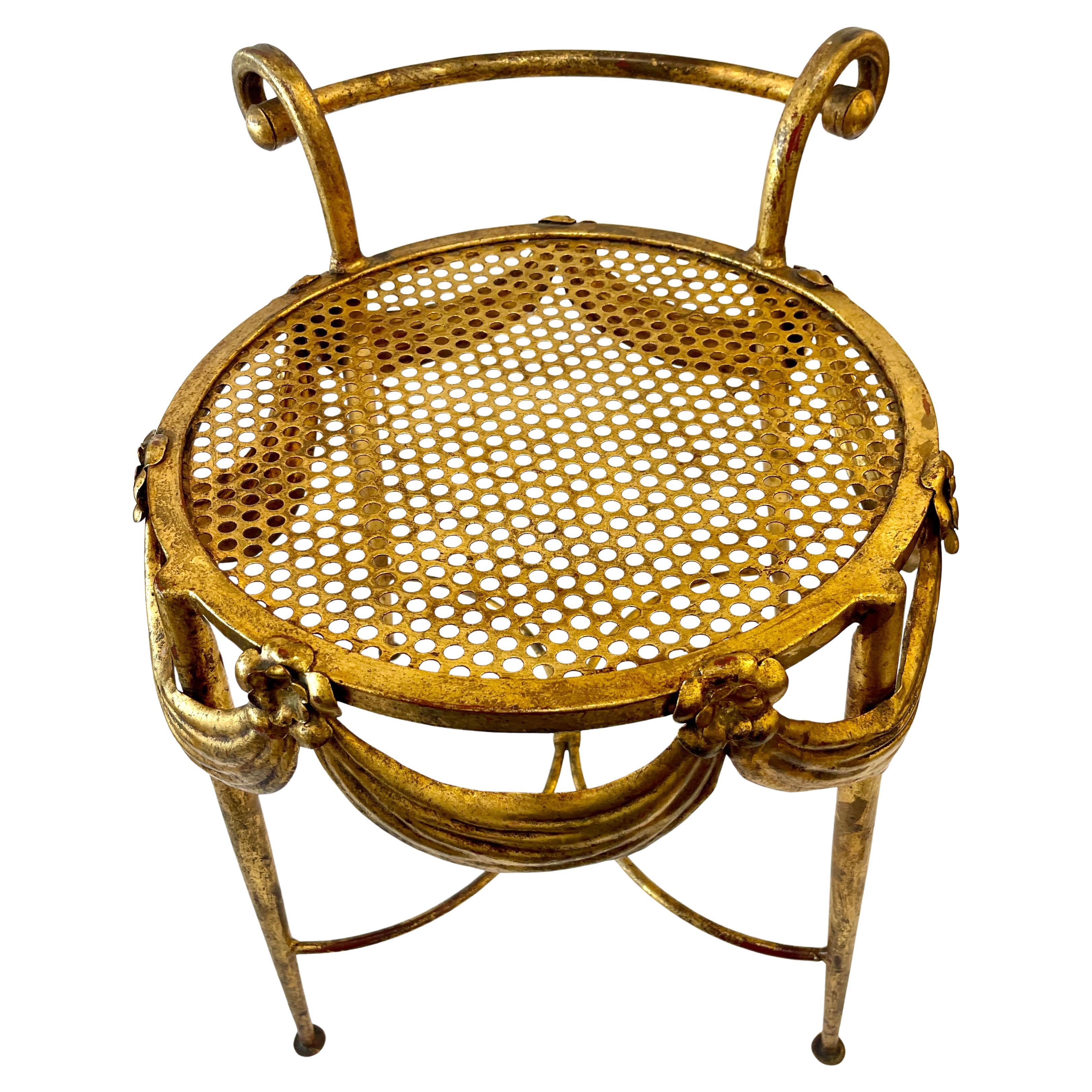 1930s Italian Gilt Metal Floral & Swag Vanity Chair