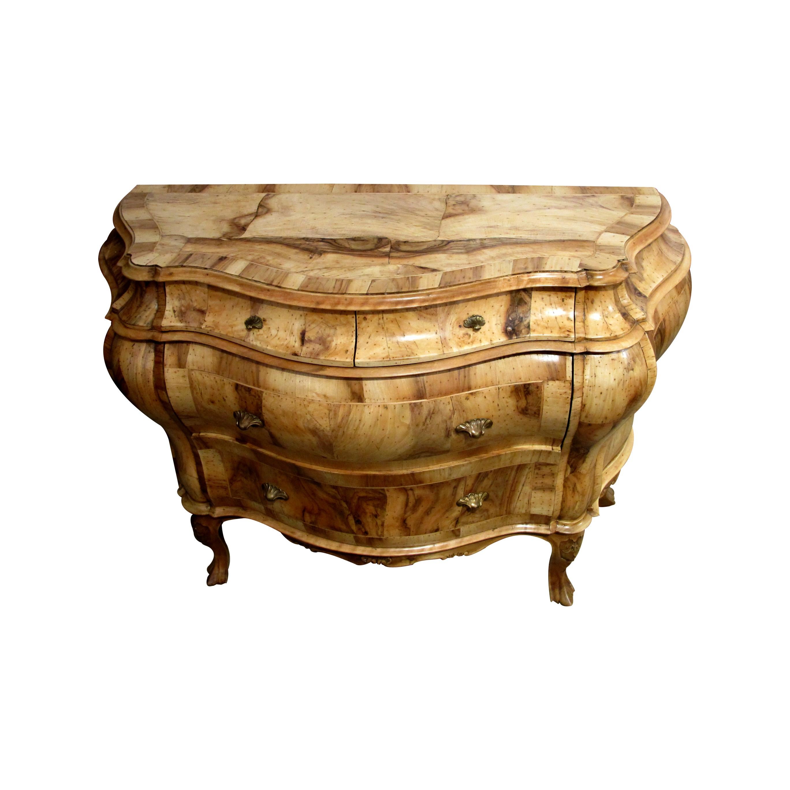 Baroque 1930s Italian Large Bombé Chest of Drawers, Burl Olive Wood & Burl Walnut Marque