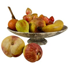 1930s Italian Marble Tazza and Hand Carved Alabaster Fruit, a Nine-Piece Set