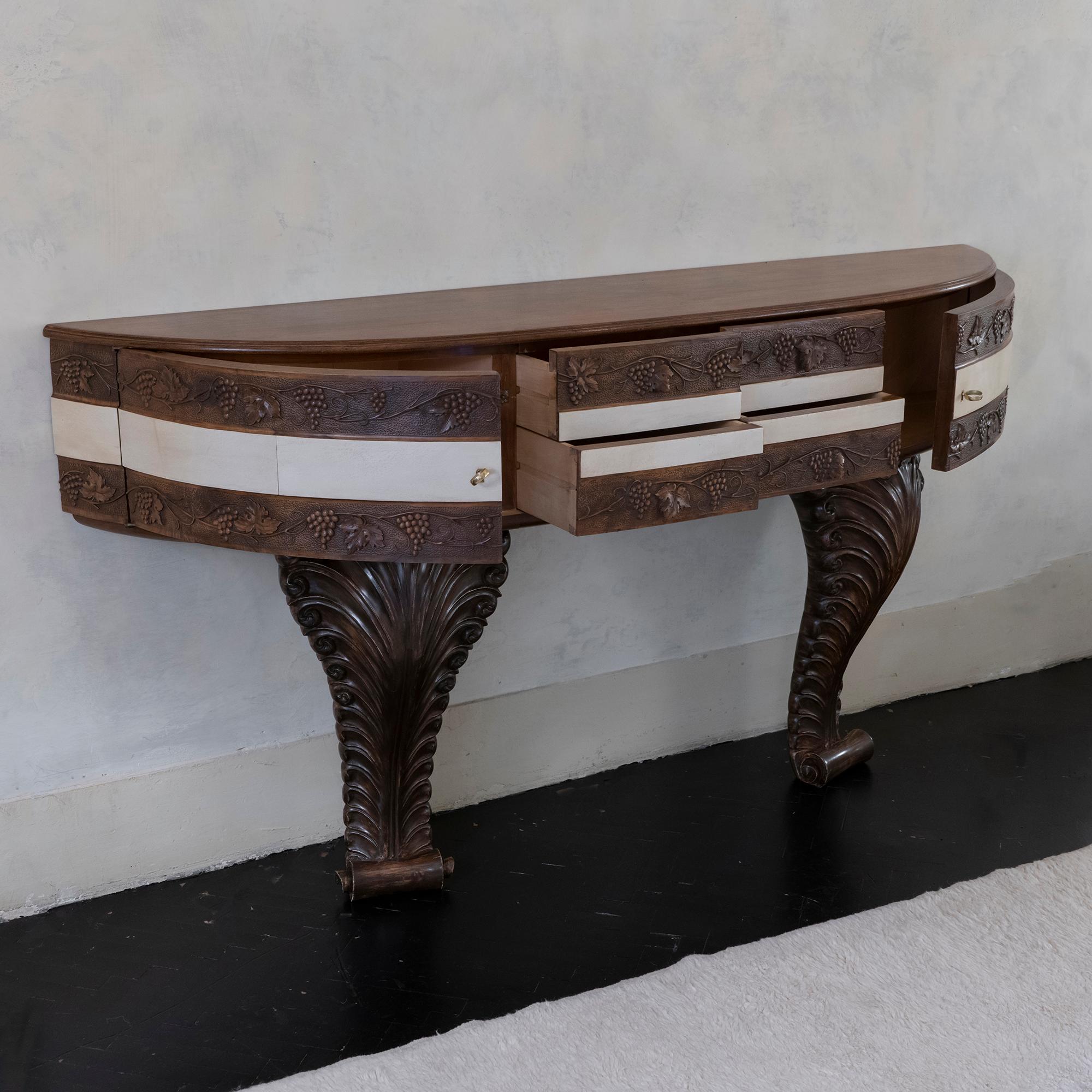 Mid-20th Century 1930's Italian Monumental Carved Wood Console, Parchment Details For Sale