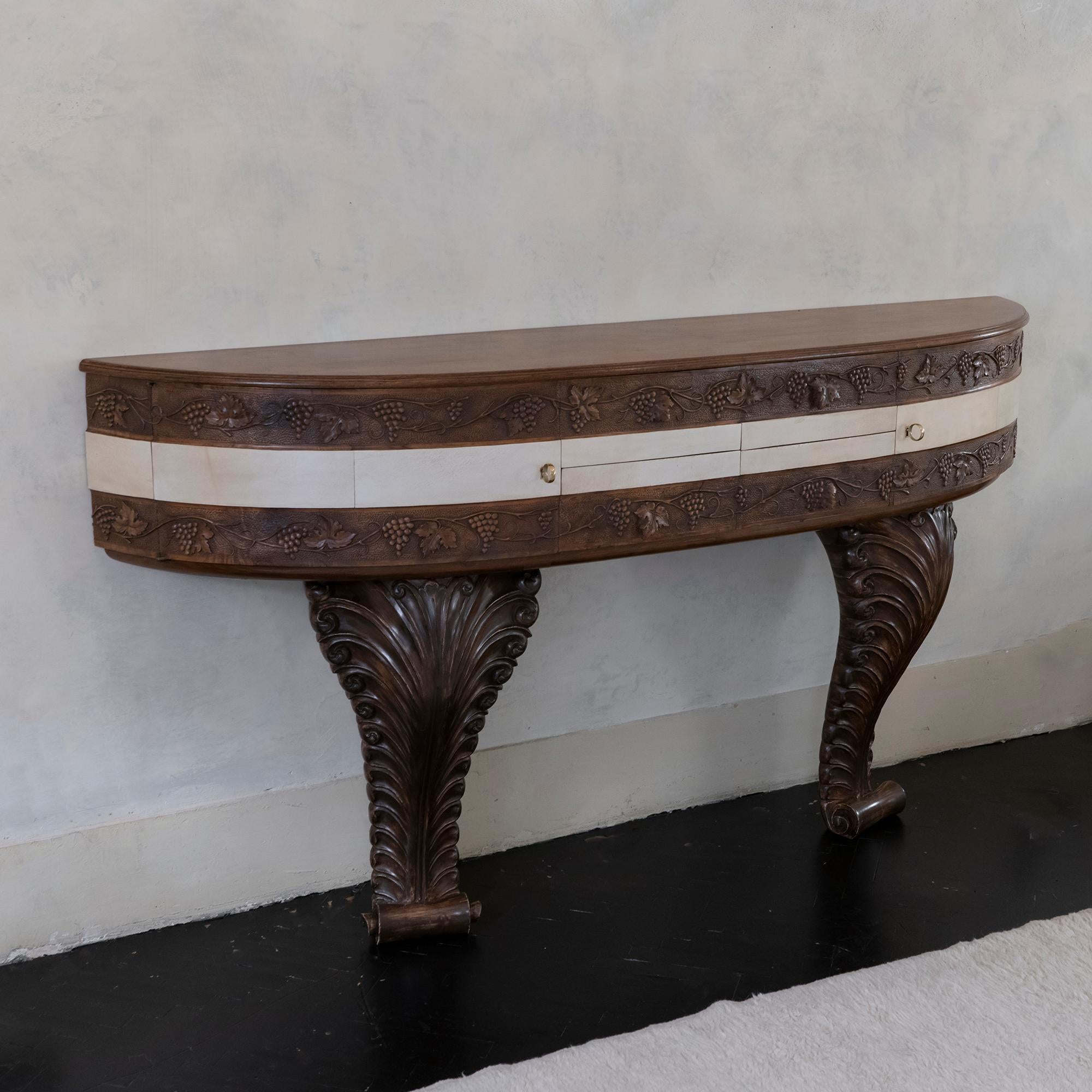 Brass 1930's Italian Monumental Carved Wood Console, Parchment Details For Sale