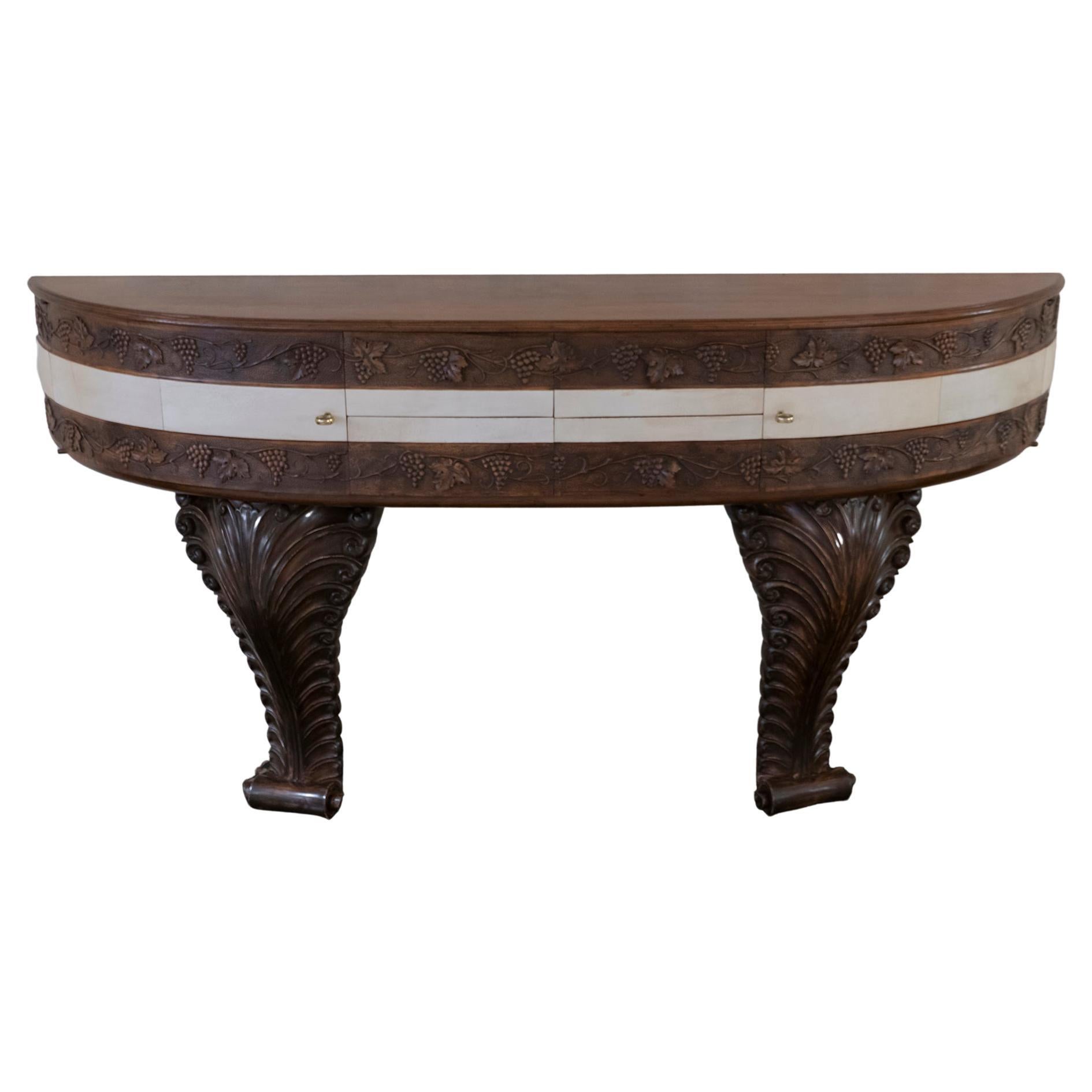 1930's Italian Monumental Carved Wood Console, Parchment Details For Sale