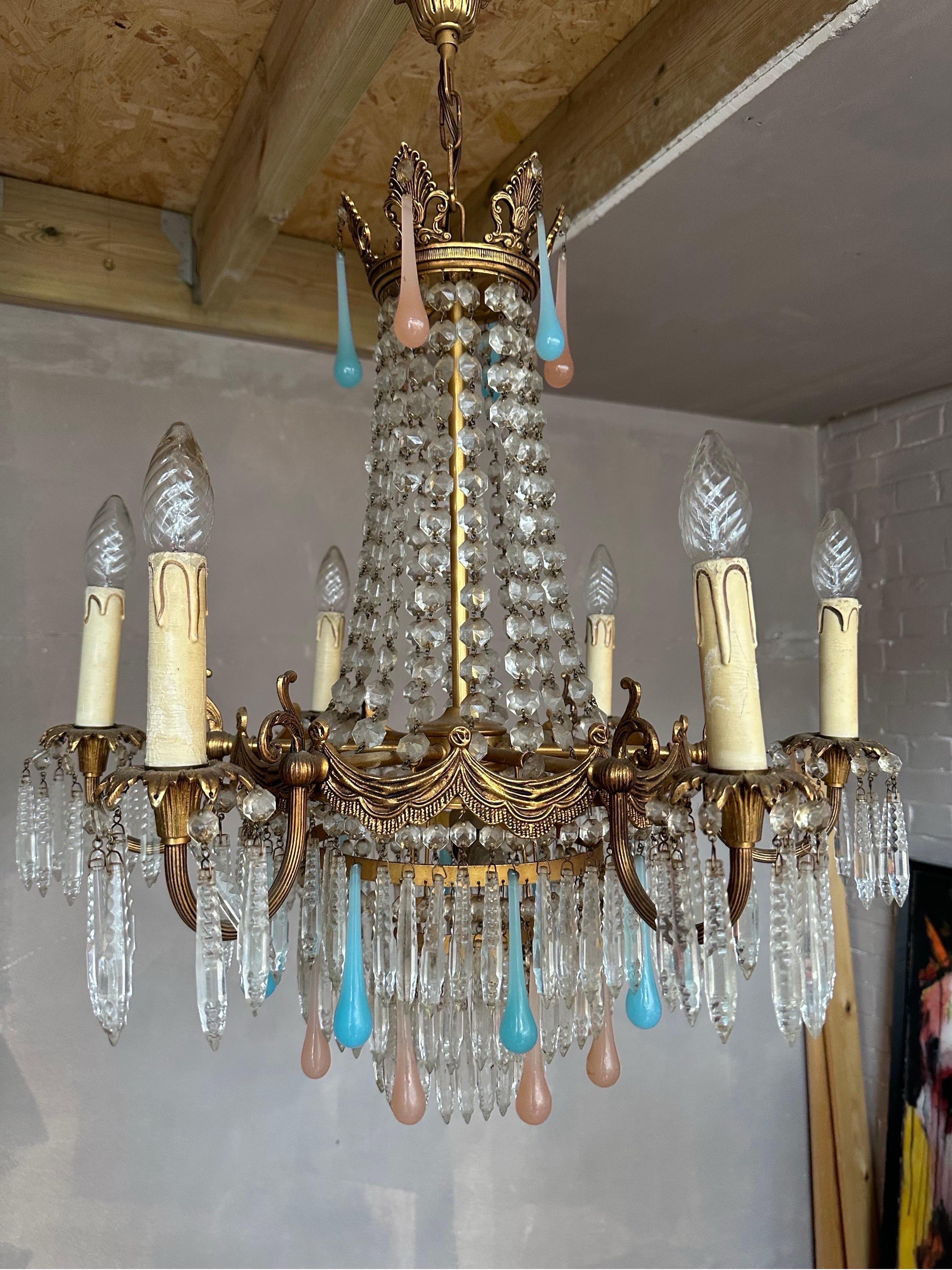 1930’s Italian Murano gilt chandelier with cut crystal  In Good Condition For Sale In Worthing, GB