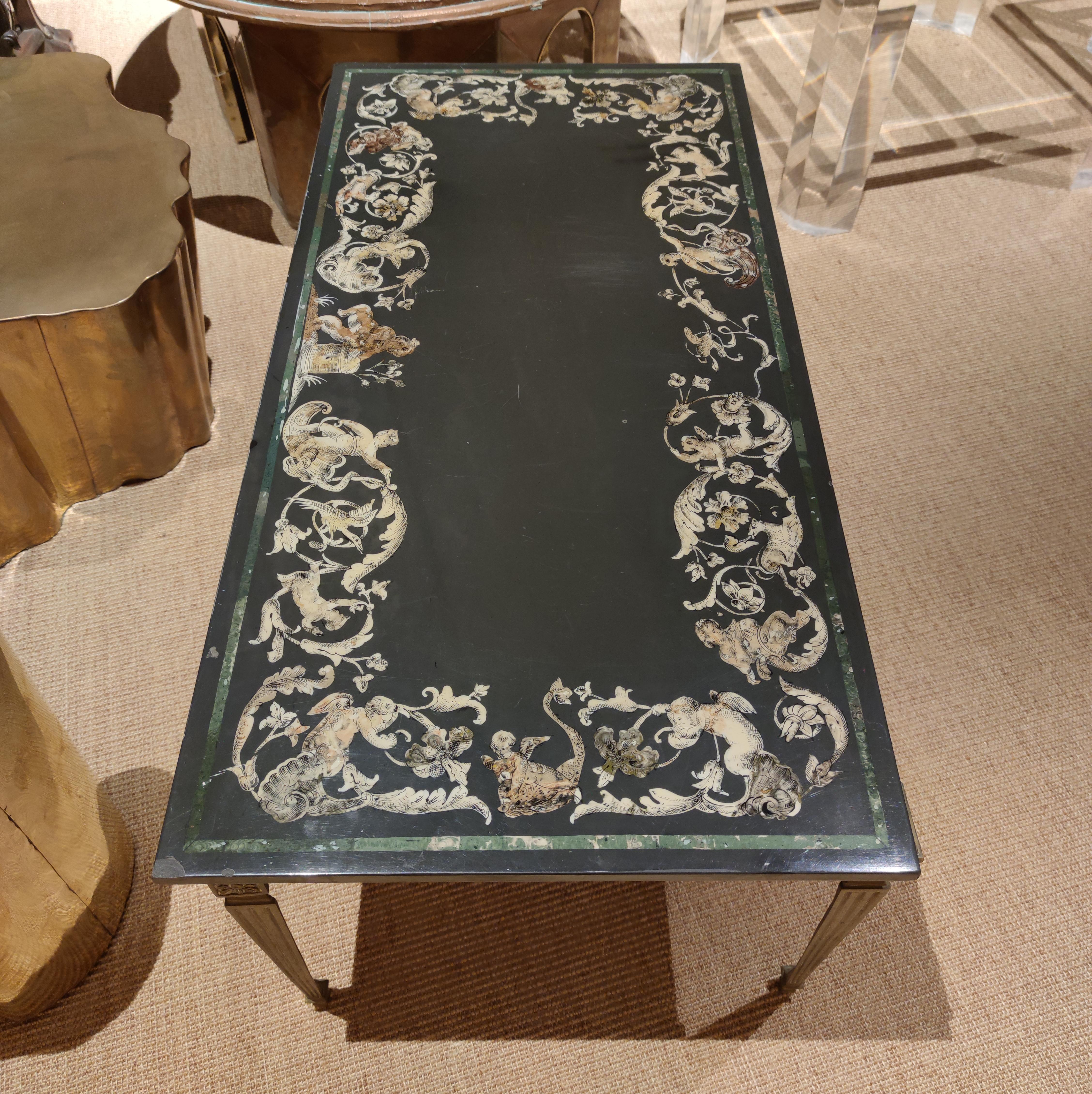 1930s Italian Nero Marble Coffee Table Framed w/ Ornamental Stucco Inlay For Sale 6