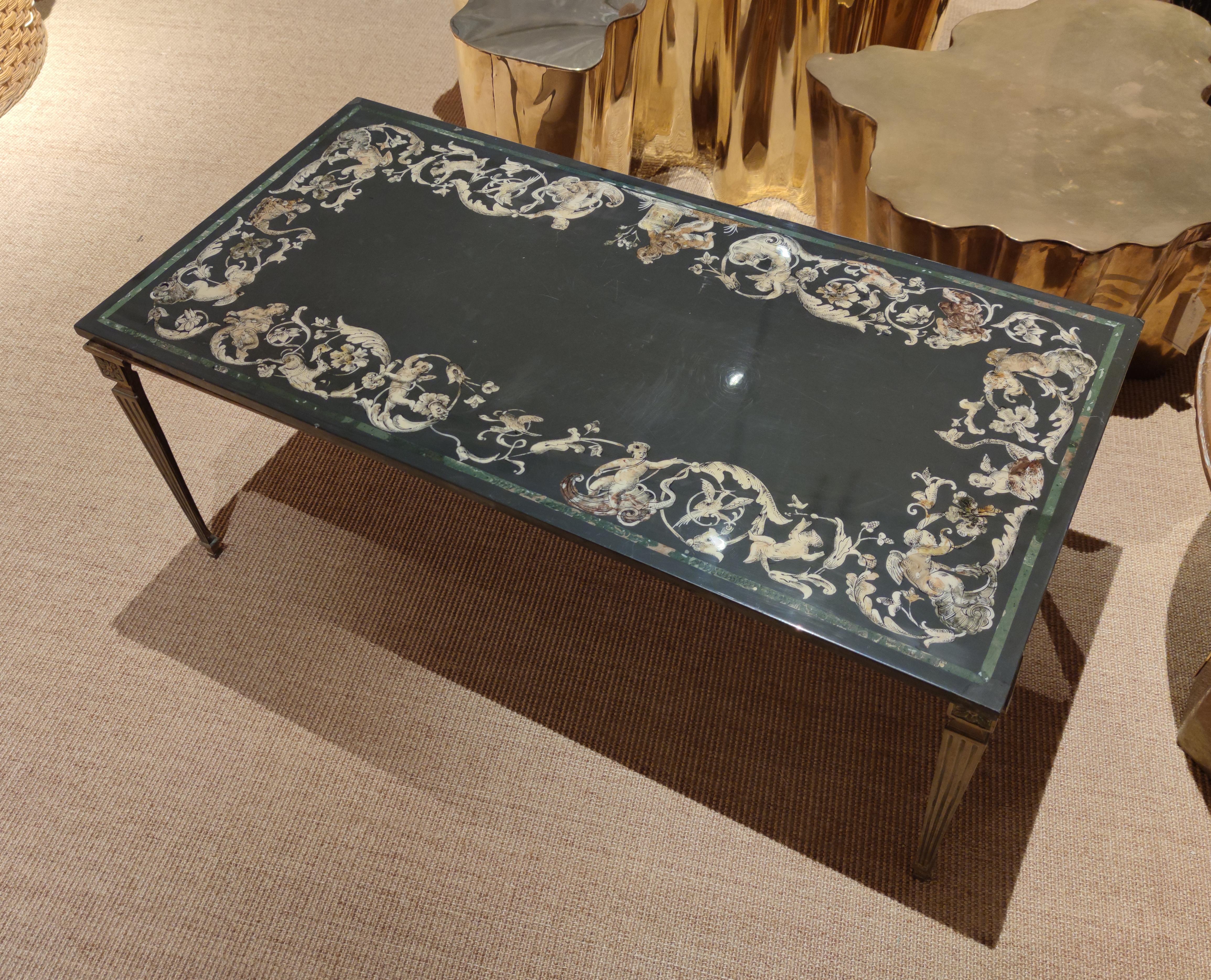 Renaissance 1930s Italian Nero Marble Coffee Table Framed w/ Ornamental Stucco Inlay For Sale