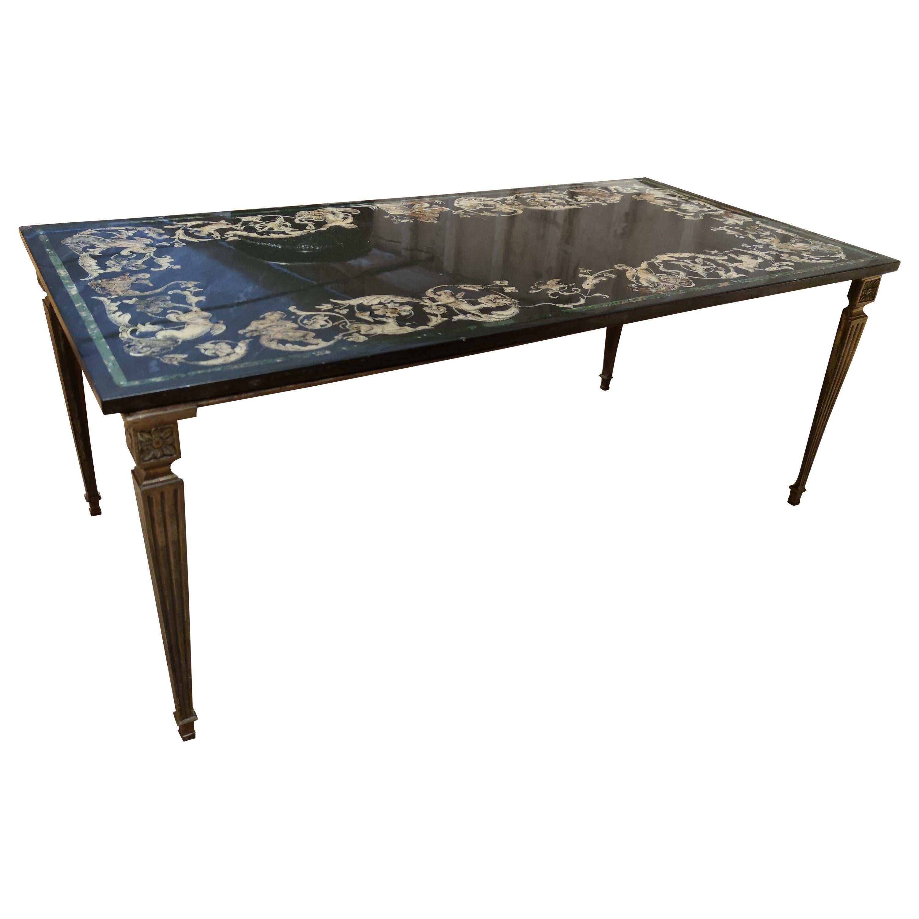 1930s Italian Nero Marble Coffee Table Framed w/ Ornamental Stucco Inlay