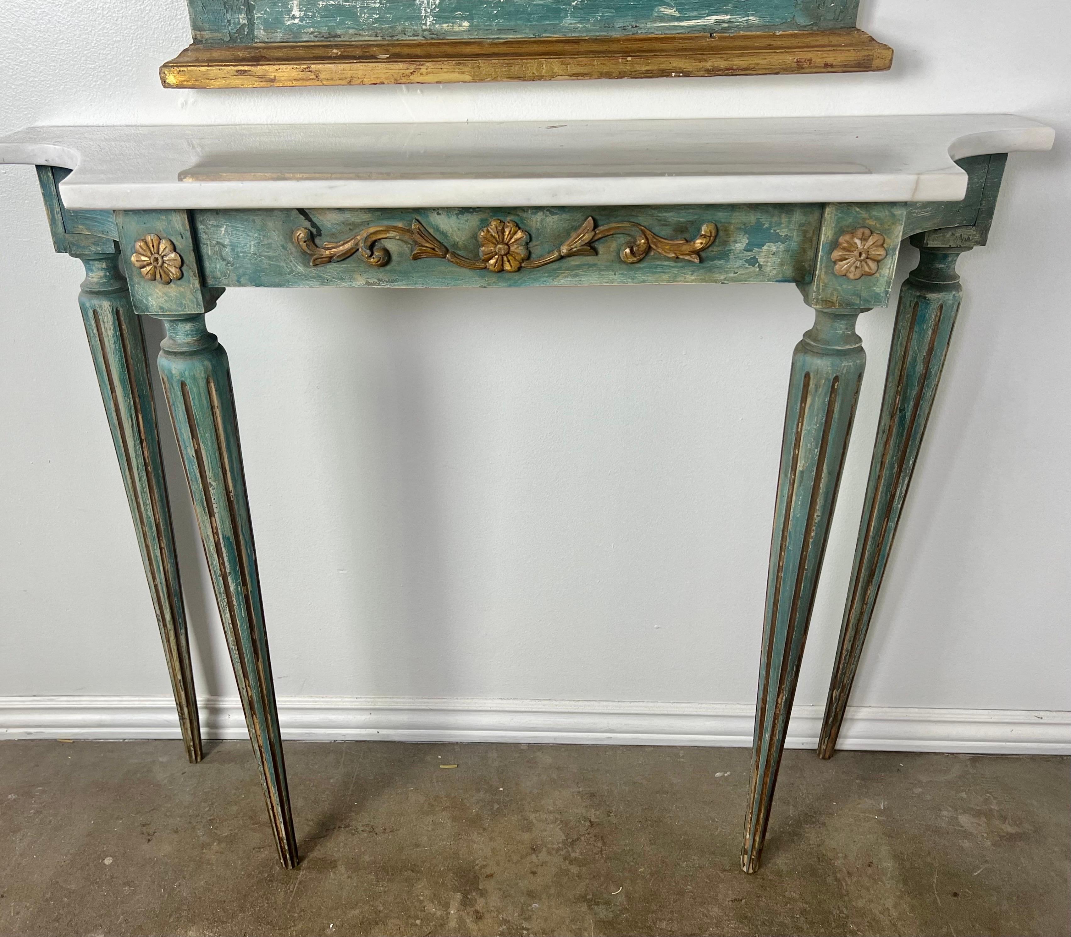 Hand-Painted 1930s Italian Painted & Parcel Gilt Console and Mirror For Sale