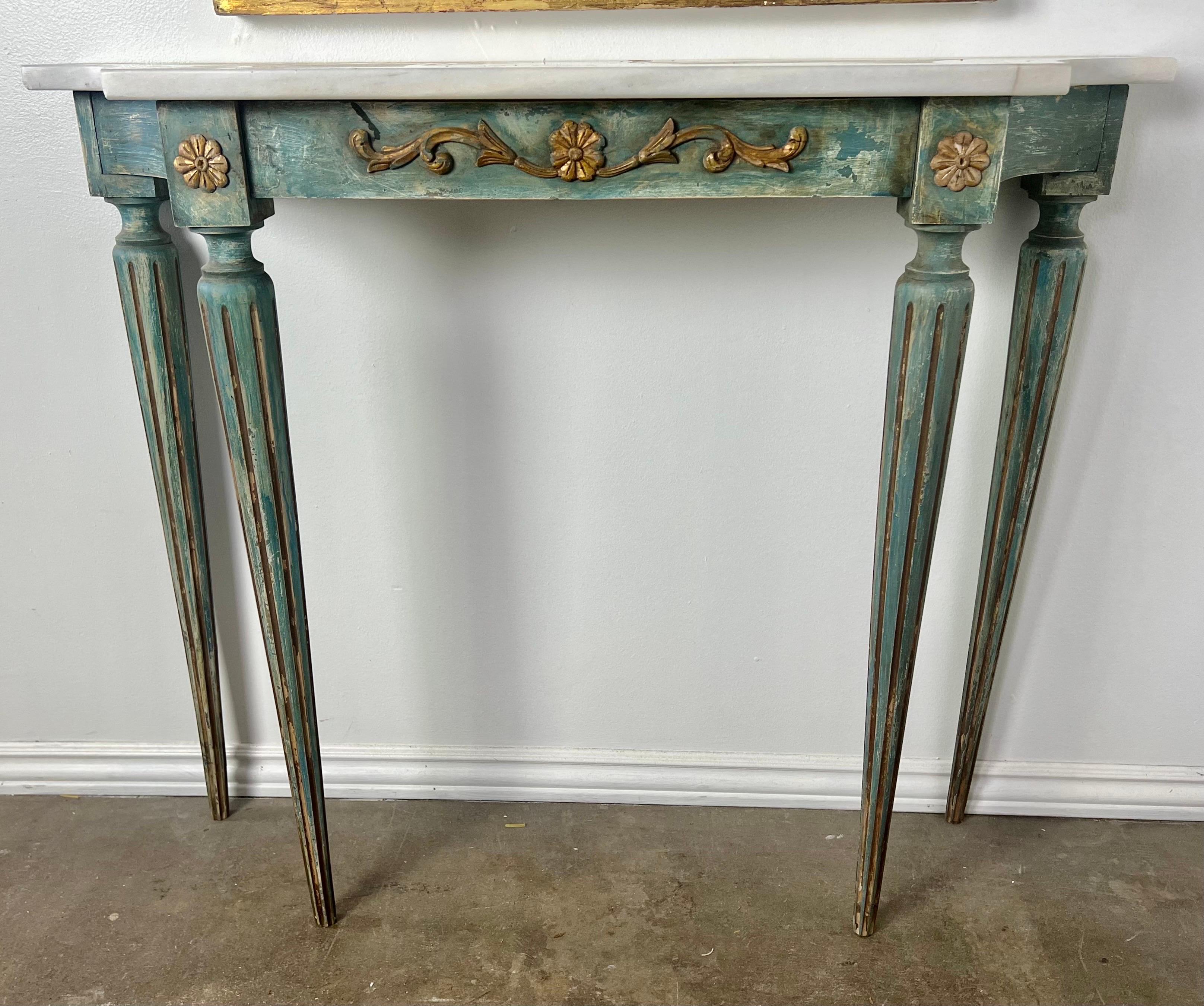 1930s Italian Painted & Parcel Gilt Console and Mirror In Distressed Condition For Sale In Los Angeles, CA