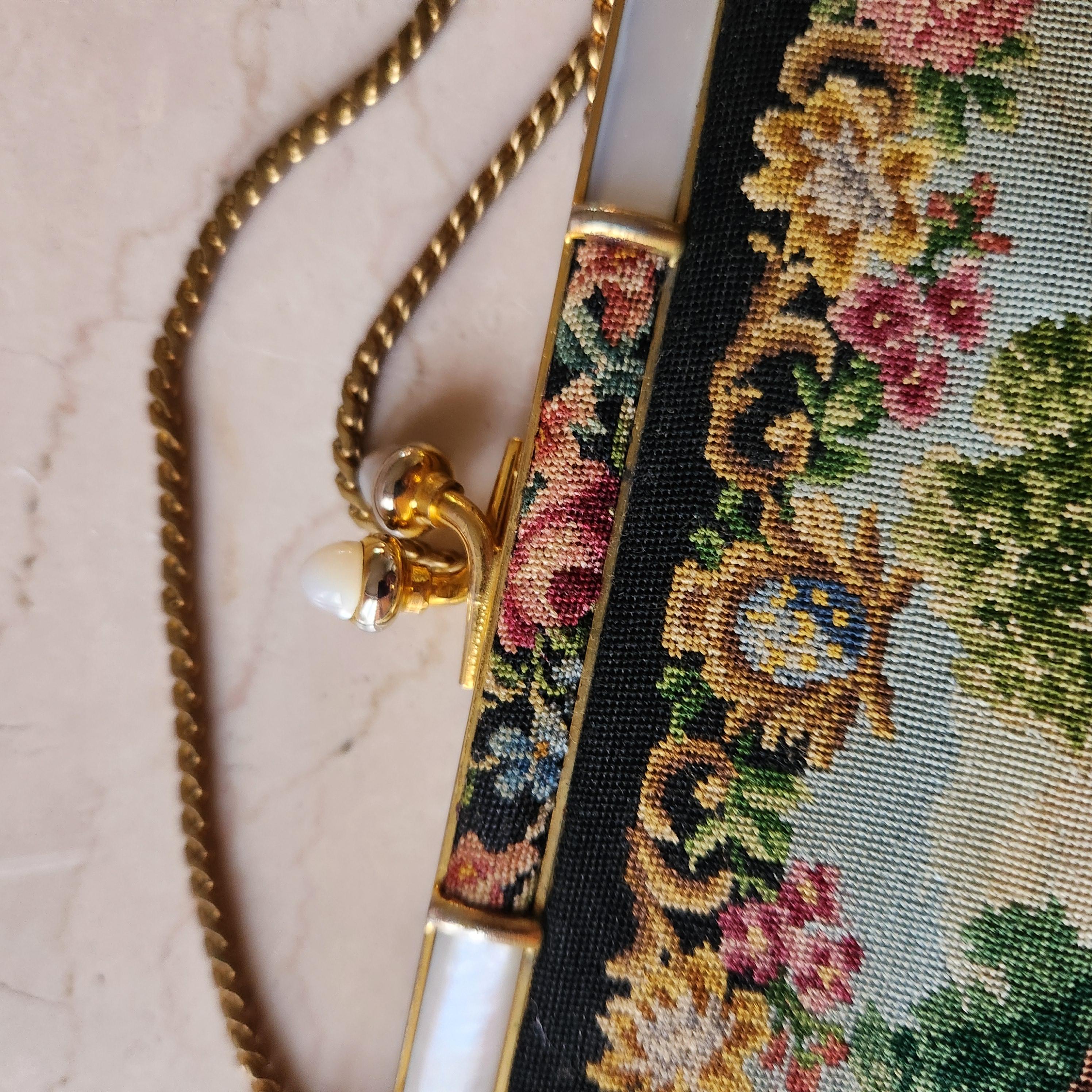 Victorian 1930s Italian Petit Point Evening Bag Mother of Pearl For Sale