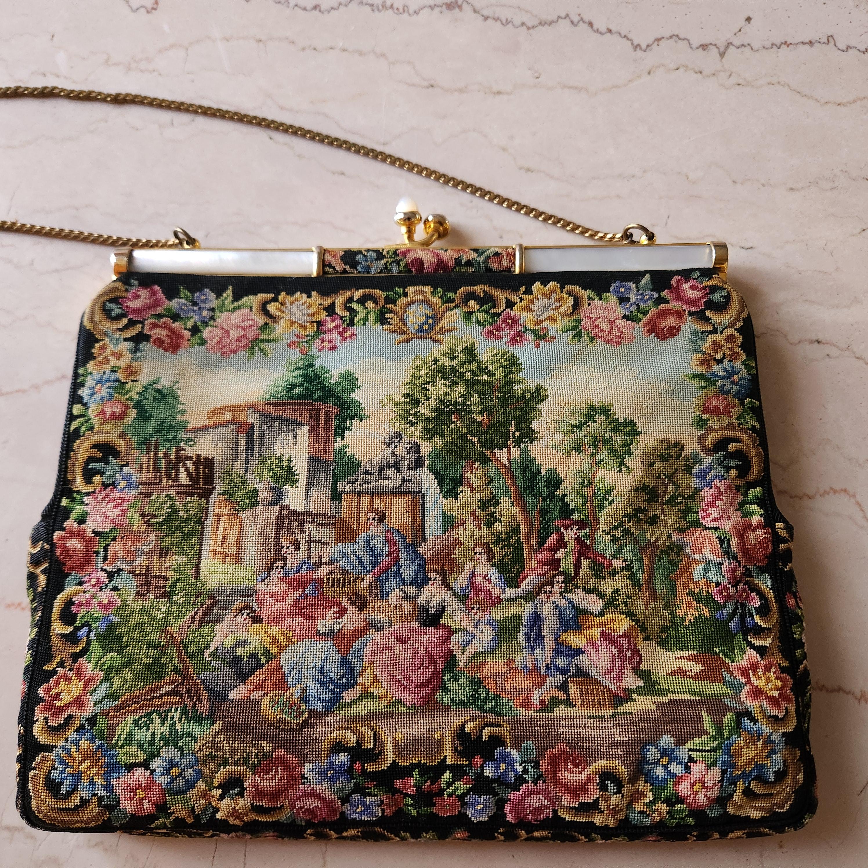 1930s Italian Petit Point Evening Bag Mother of Pearl For Sale 2