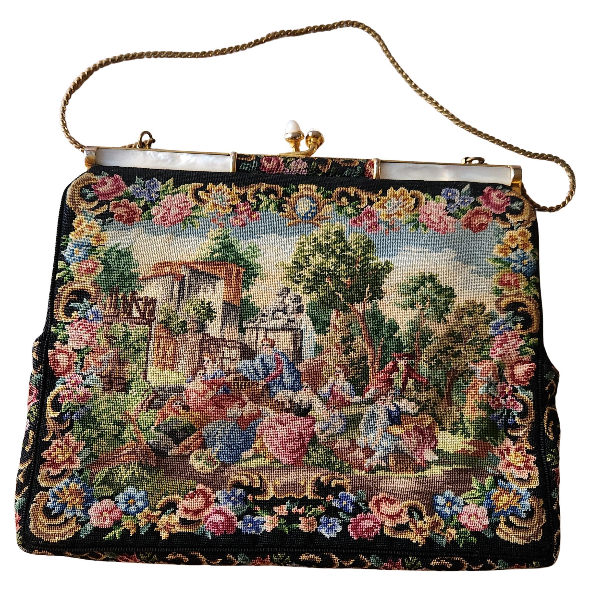 1930s Italian Petit Point Evening Bag Mother of Pearl