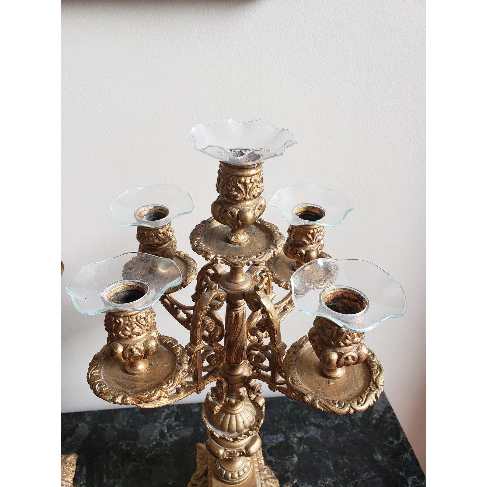 1930s Italian Rococo 5 Arm Gilted Bronze Candelabras, a Pair In Good Condition For Sale In Germantown, MD