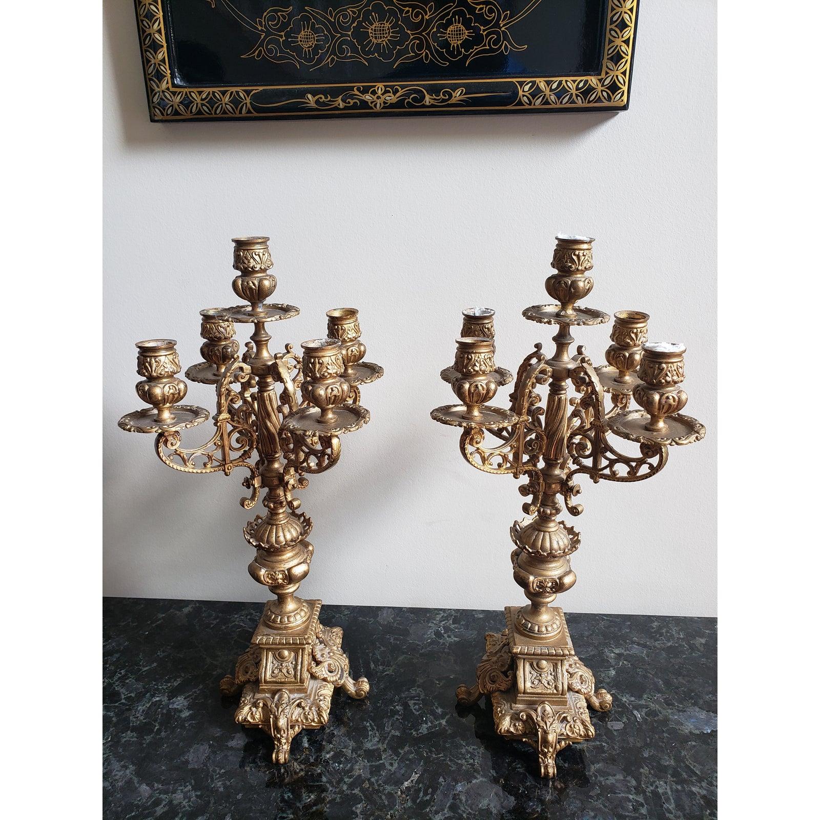 20th Century 1930s Italian Rococo 5 Arm Gilted Bronze Candelabras, a Pair For Sale