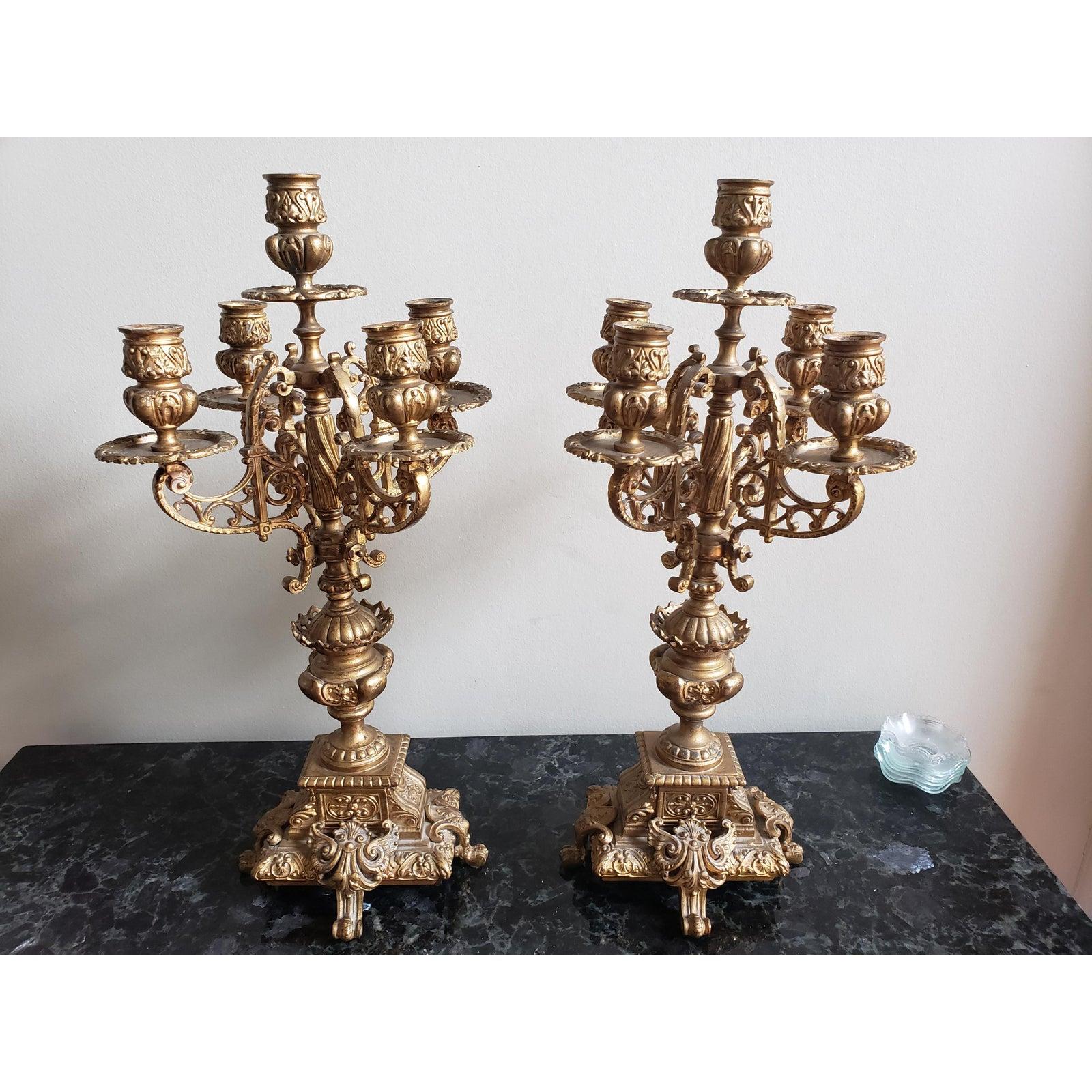 1930s Italian Rococo 5 Arm Gilted Bronze Candelabras, a Pair For Sale 1