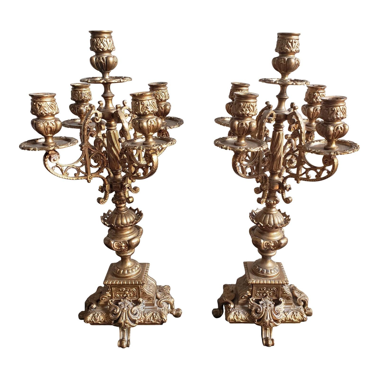 1930s Italian Rococo 5 Arm Gilted Bronze Candelabras, a Pair For Sale