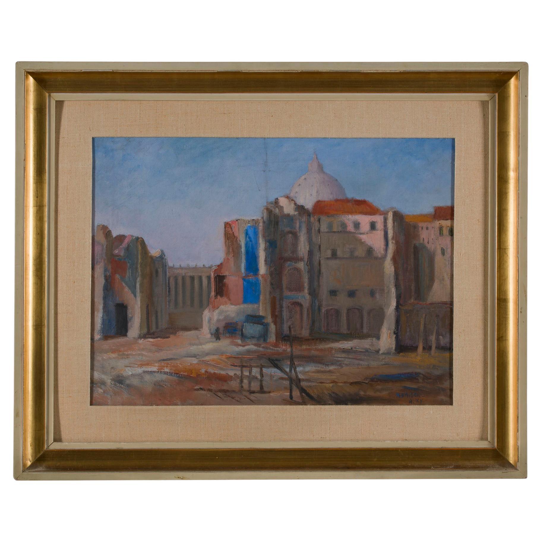 An important and rare painting by the great Italian avant-garde artist Giovanni Omiccioli.
It depicts the so-called Spina di Borgo, the district in front of St. Peter's Basilica destined to be razed to the ground to make way for the more scenic Via