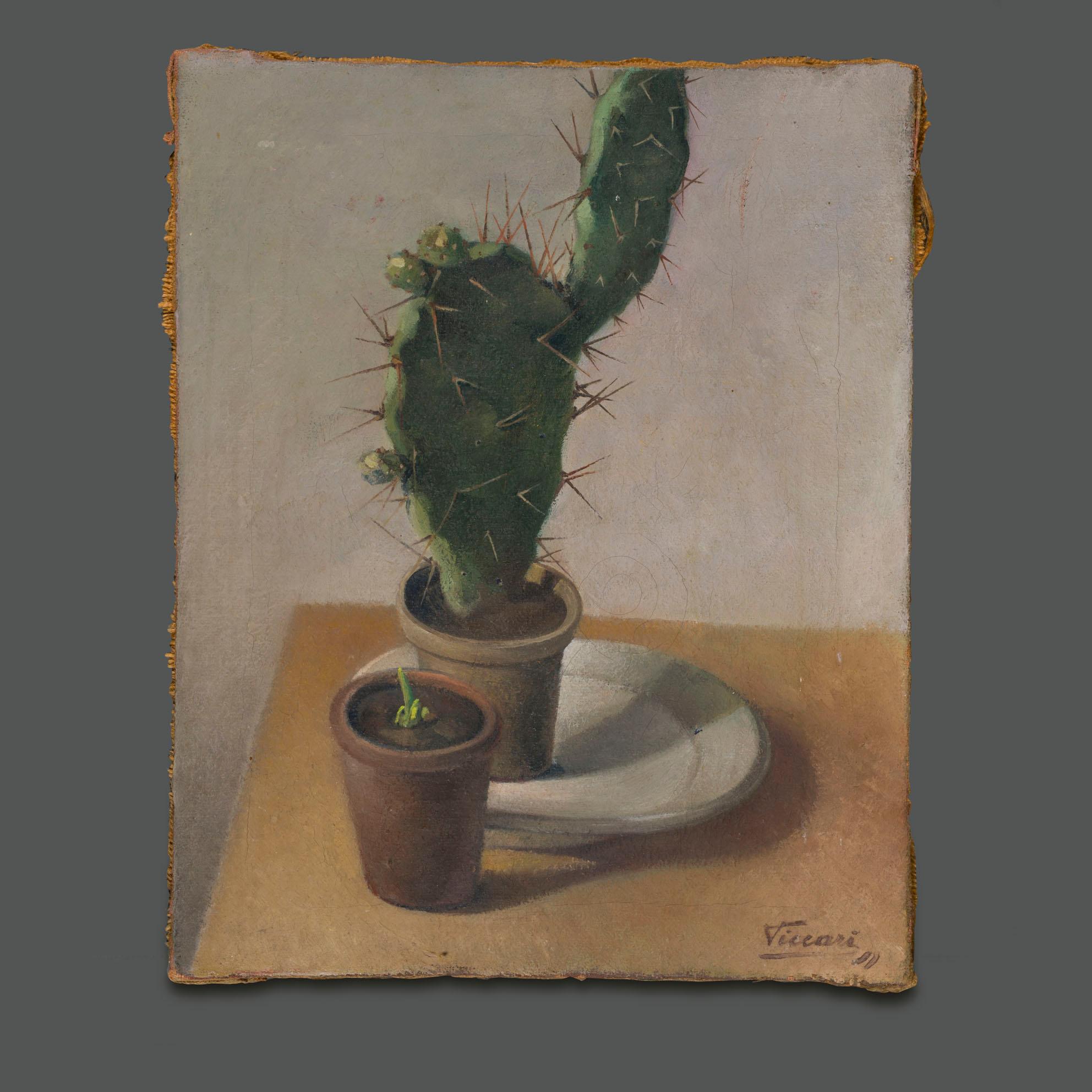 1930s Italian Signed Still Life Painting  
Still life with cactus
Oil on canvas signed Piccari. 
On the back the artist's address Via Maddalena 2 Rome and card number 53210. 

SESTILIO PICCARI
Professor of drawing at the Istituto Magistrale Oriani