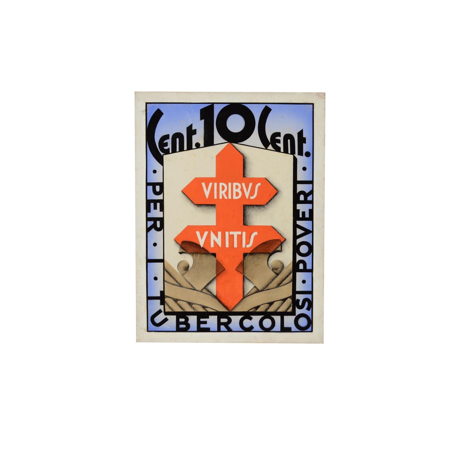 Esquisse d'une affiche futuriste, années 1930, campagne contre la tuberculose avec force unie 10 cents pour les pauvres malades de la tuberculose, pour la campagne nationale d'information sur la prévention de cette maladie. Mesures : cm 32 x 42,