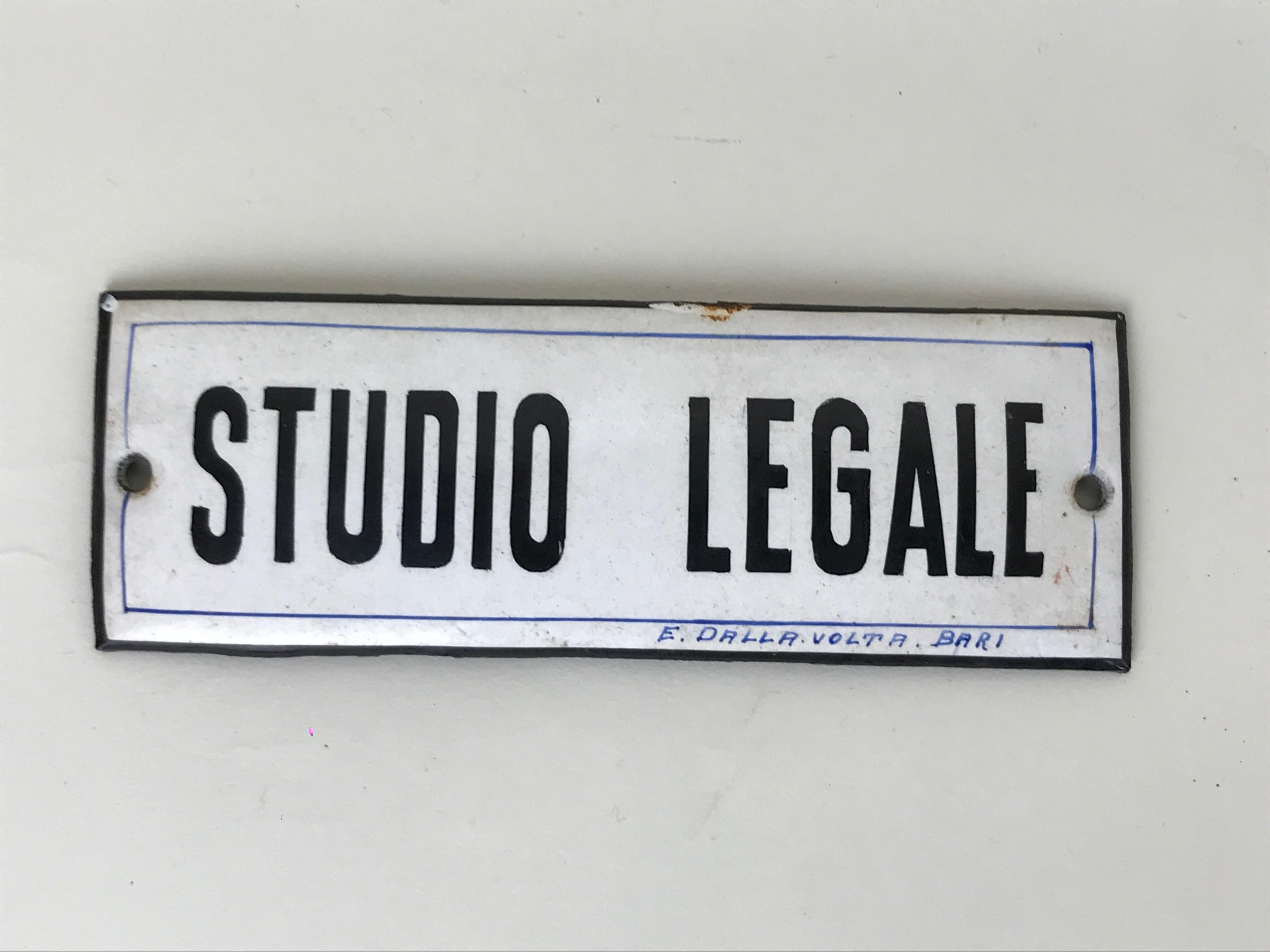 Industrial 1930s Italian Vintage Small Curved Enamel Metal Law Firm Sign 