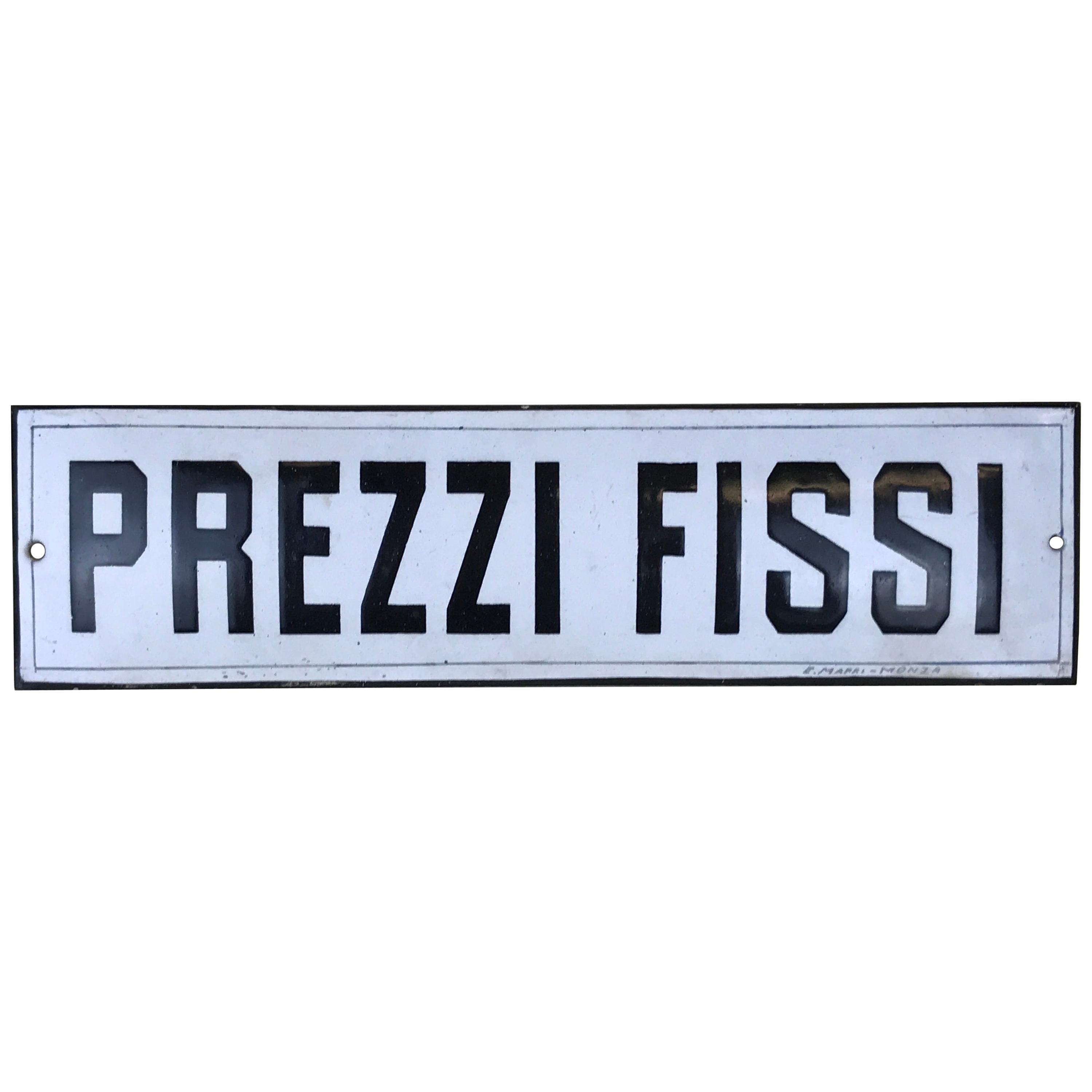 1930s Italian Vintage Very Curved Enamel Metal Fixed Prices Sign, "Prezzi Fissi" For Sale