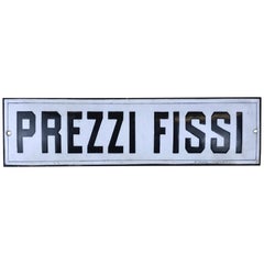 1930s Italian Vintage Very Curved Enamel Metal Fixed Prices Sign, "Prezzi Fissi"