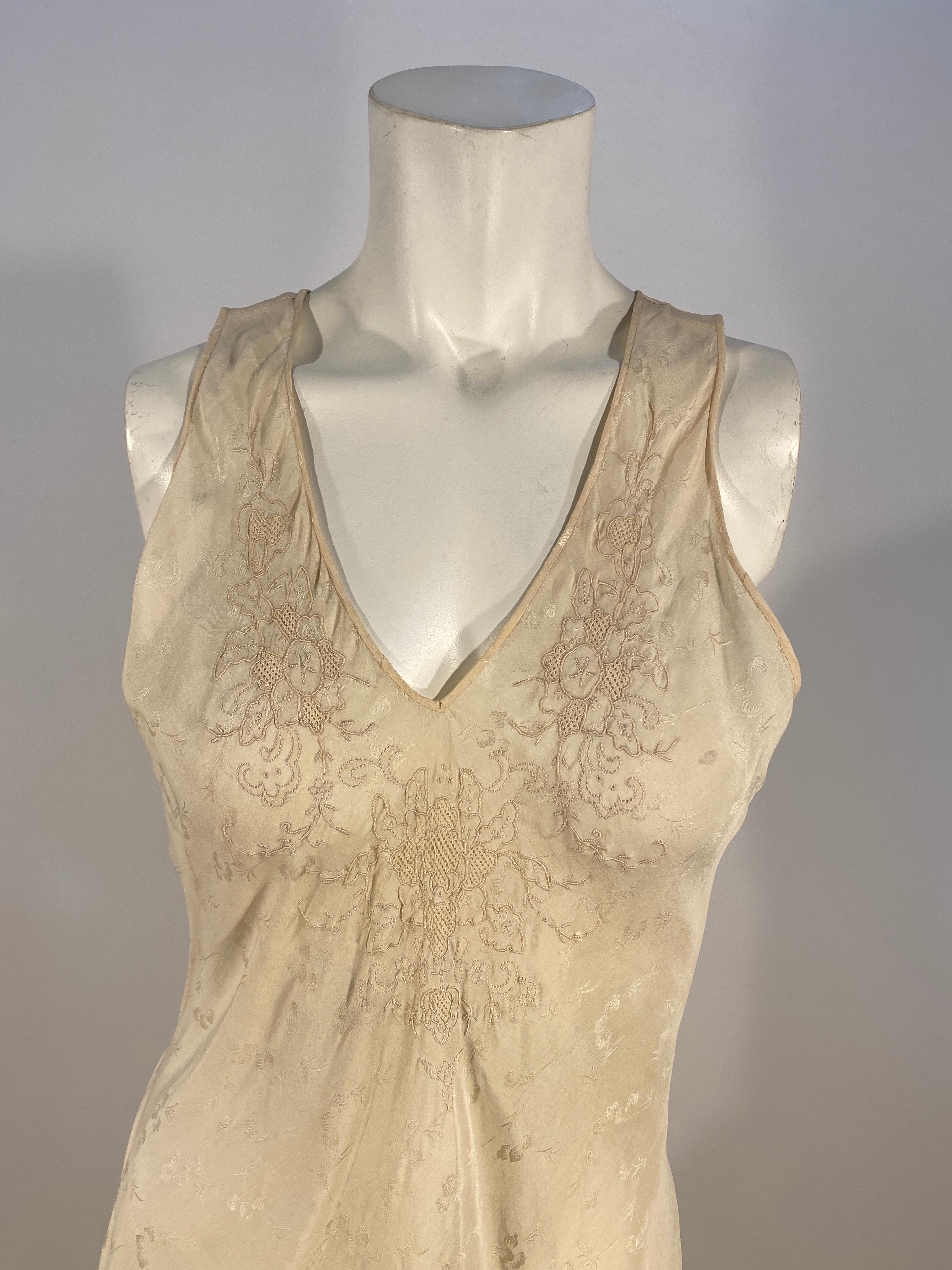 1930s Ivory (with a soft yellow hue) Bias Cut Dress with jacquard textile and hand embroidery with cut and pull work (normally done by nuns as it is very labor intensive).. 