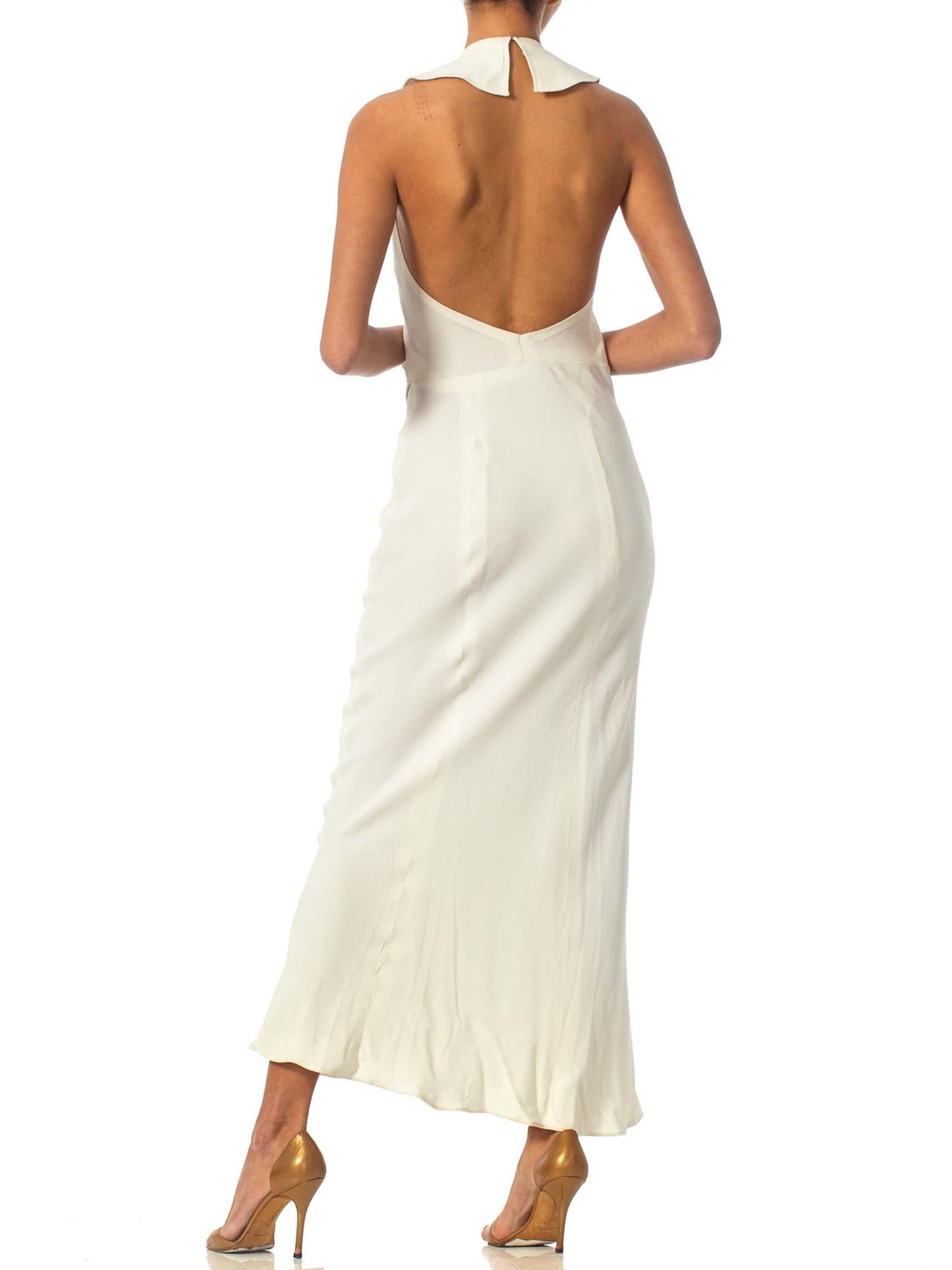 1930S Ivory Bias Cut Rayon & Silk Crepe Back Satin Backless Gown With Glass But In Excellent Condition In New York, NY