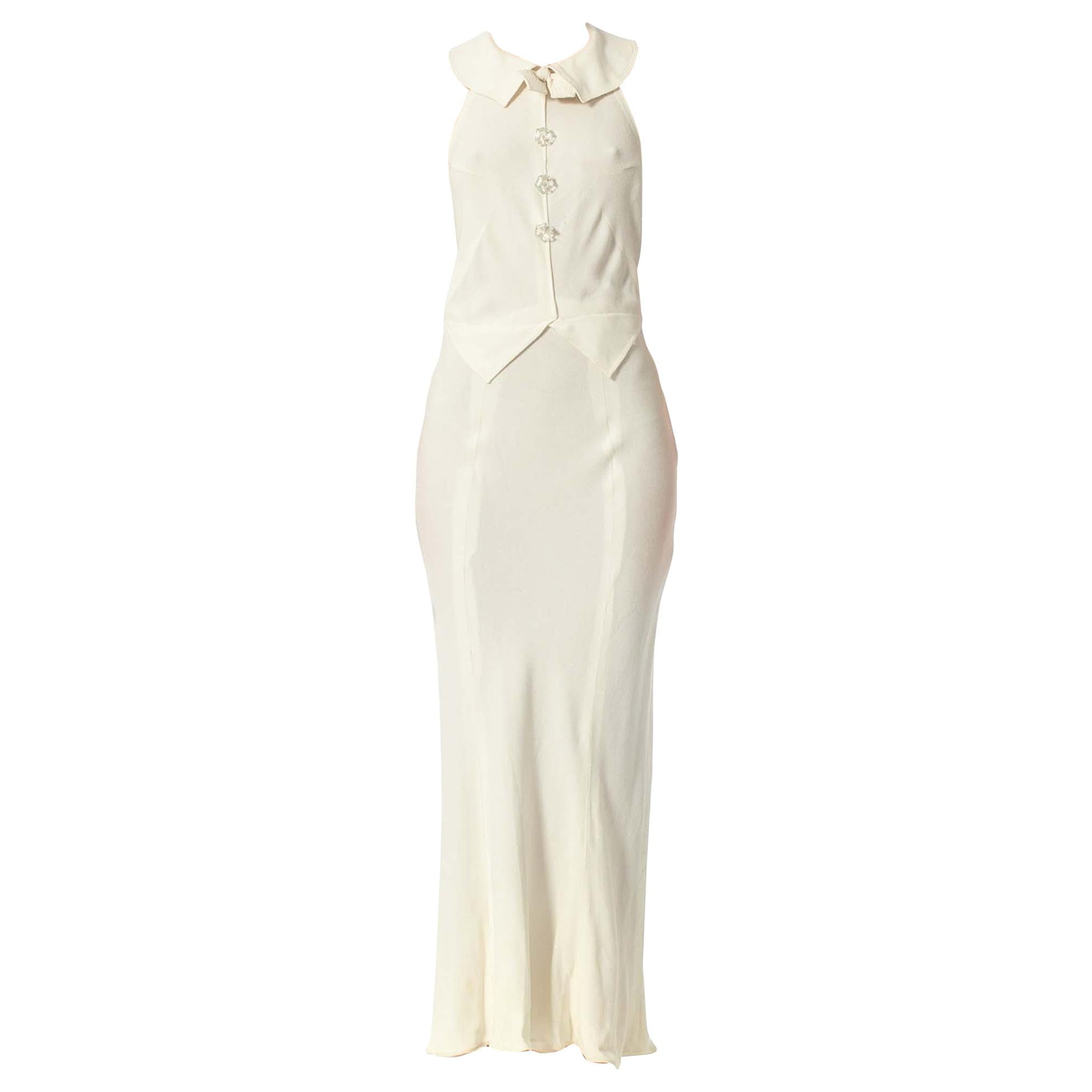 1930S Ivory Bias Cut Rayon & Silk Crepe Back Satin Backless Gown With Glass But
