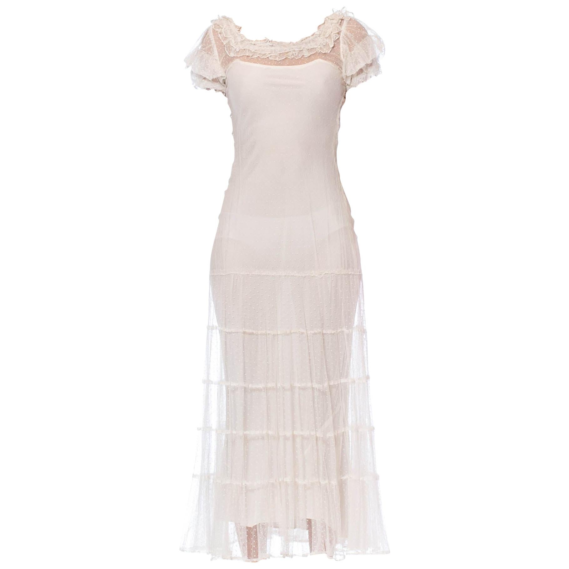 1930S Ivory Cotton Pointelle Net Maxi Dress With Rayon Bias Lining